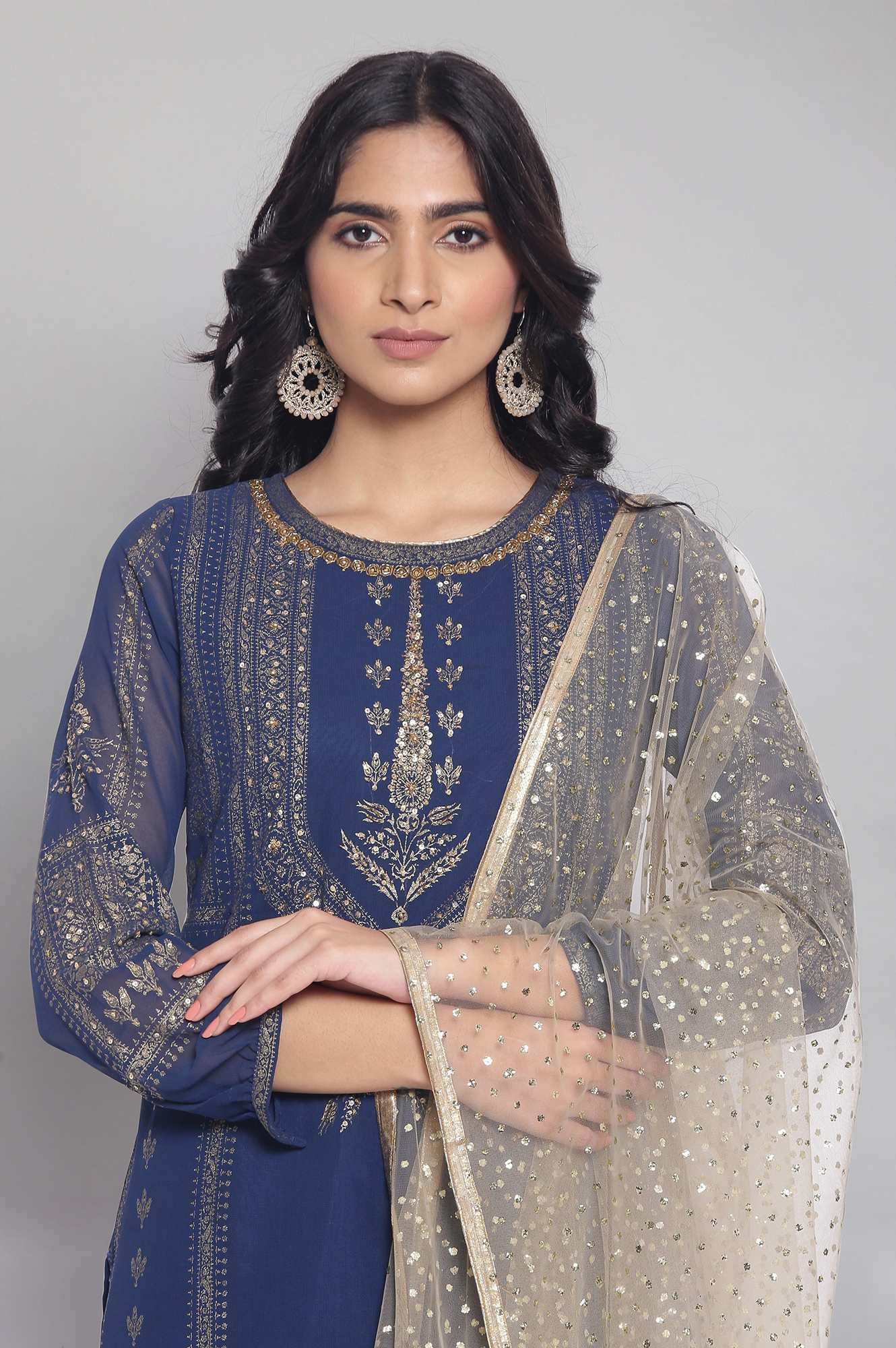 Navy Blue Floral Print kurta-Sharara-Dupatta Set