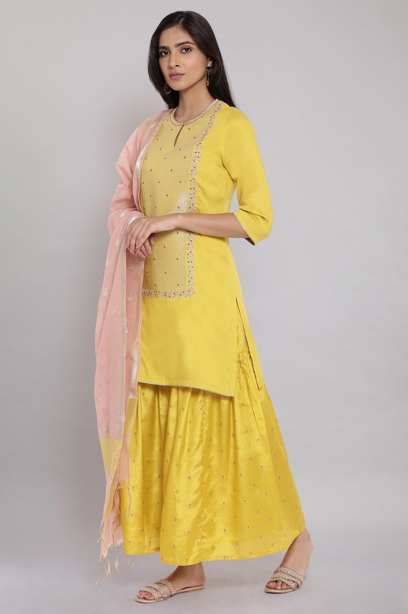 Light Yellow Embroidered kurta-Sharara-Dupatta Set