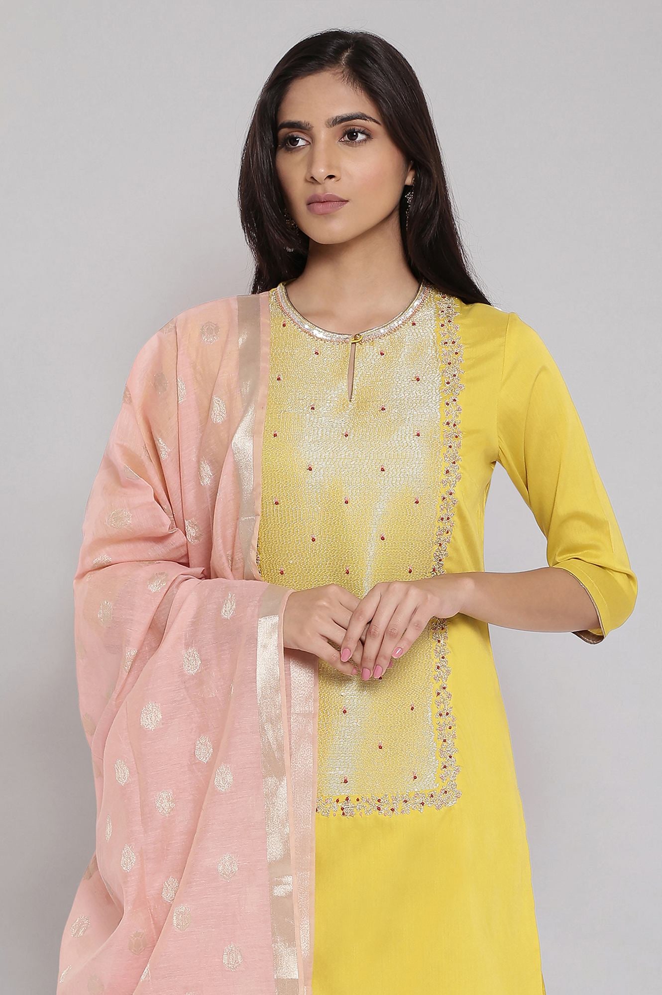 Light Yellow Embroidered kurta-Sharara-Dupatta Set