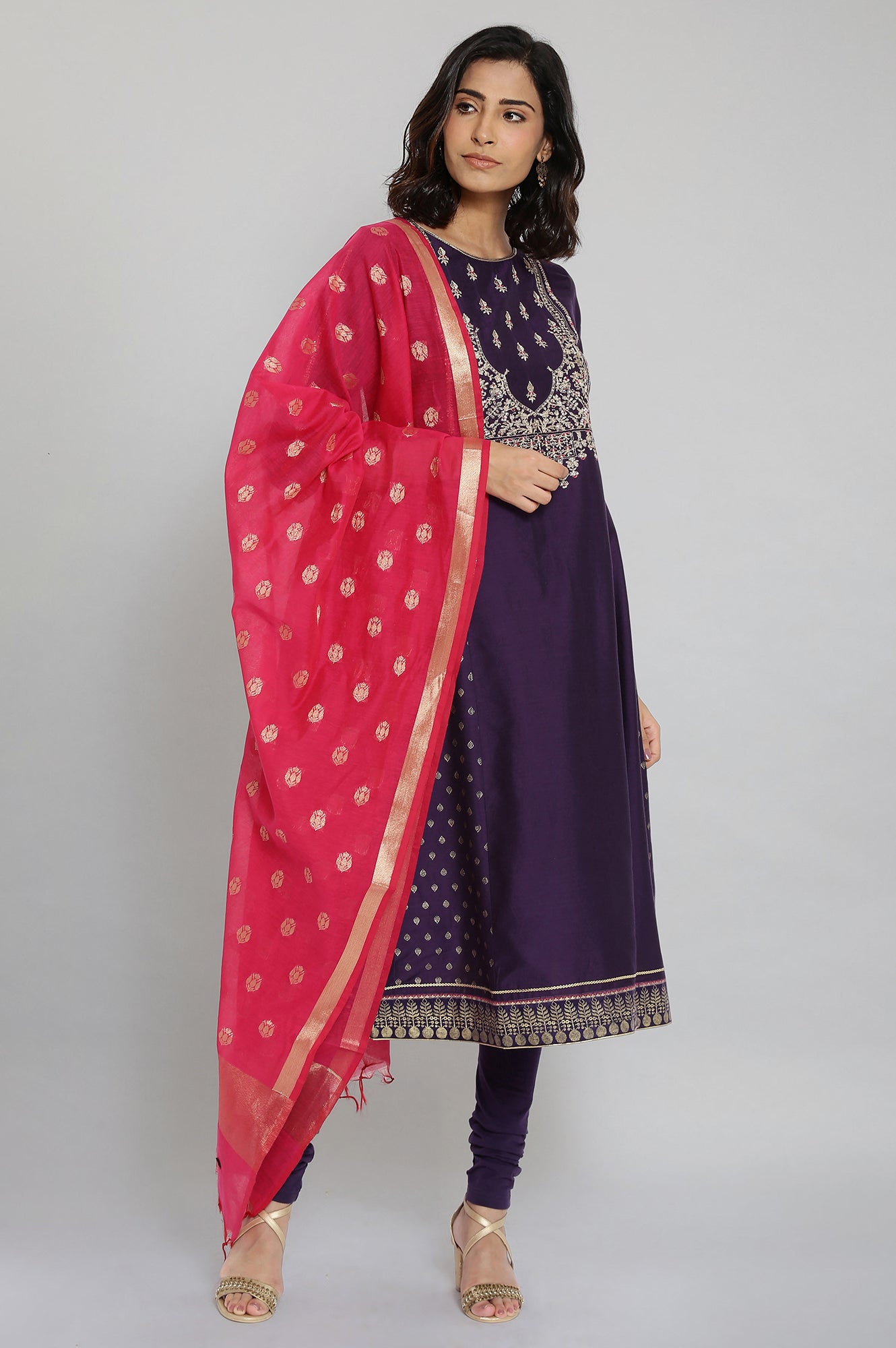Purple Embroidered Panelled kurta-Churidars- Dupatta Set