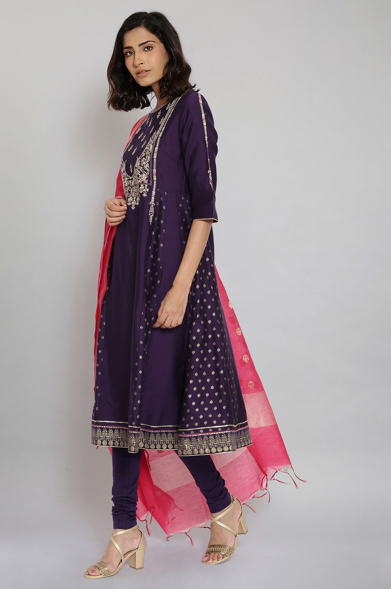 Purple Embroidered Panelled kurta-Churidars- Dupatta Set