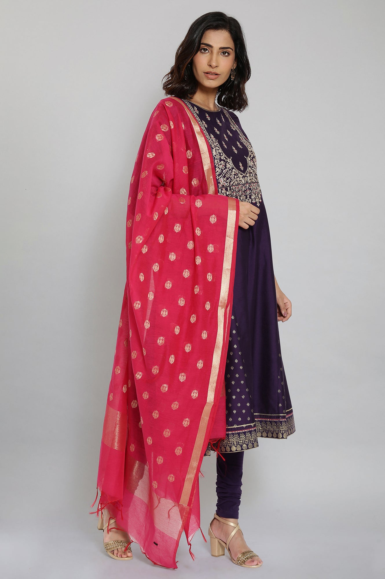 Purple Embroidered Panelled kurta-Churidars- Dupatta Set