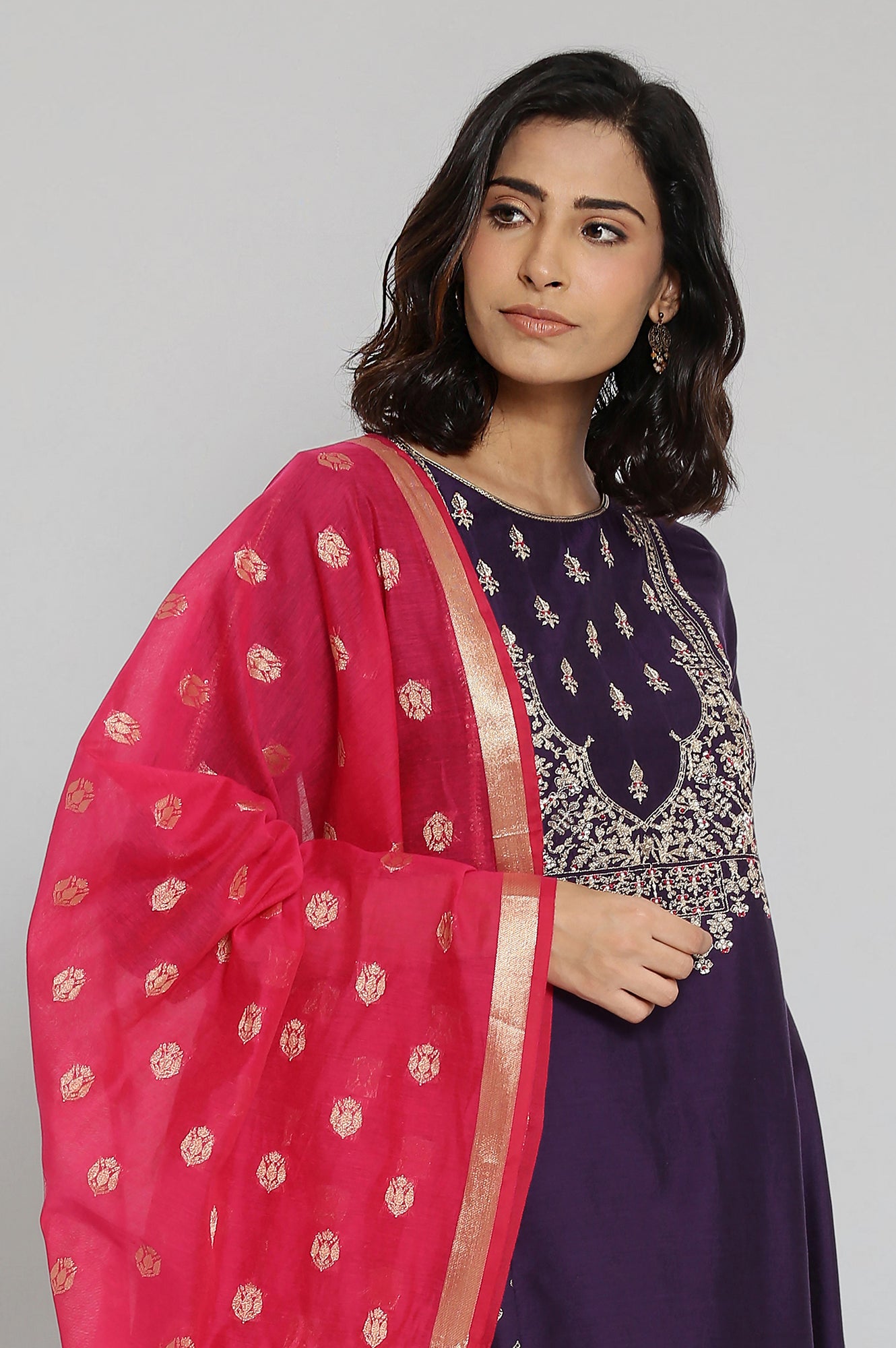 Purple Embroidered Panelled kurta-Churidars- Dupatta Set