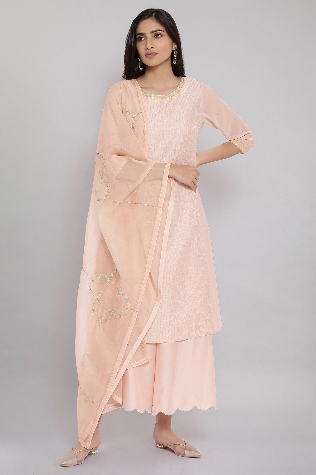 Light Pink Floral Print kurta-Parallel Pants-Dupatta Set