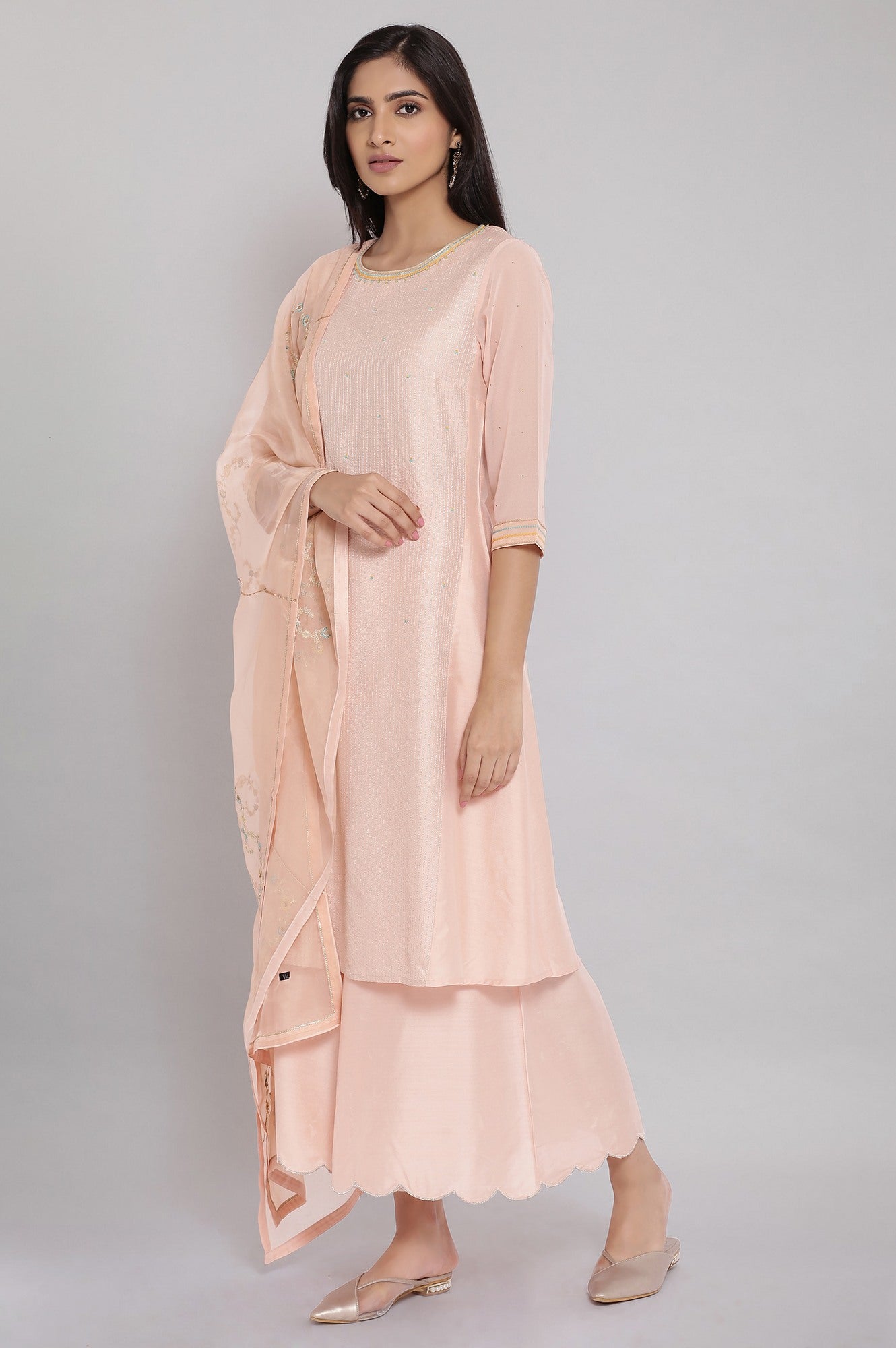 Light Pink Floral Print kurta-Parallel Pants-Dupatta Set