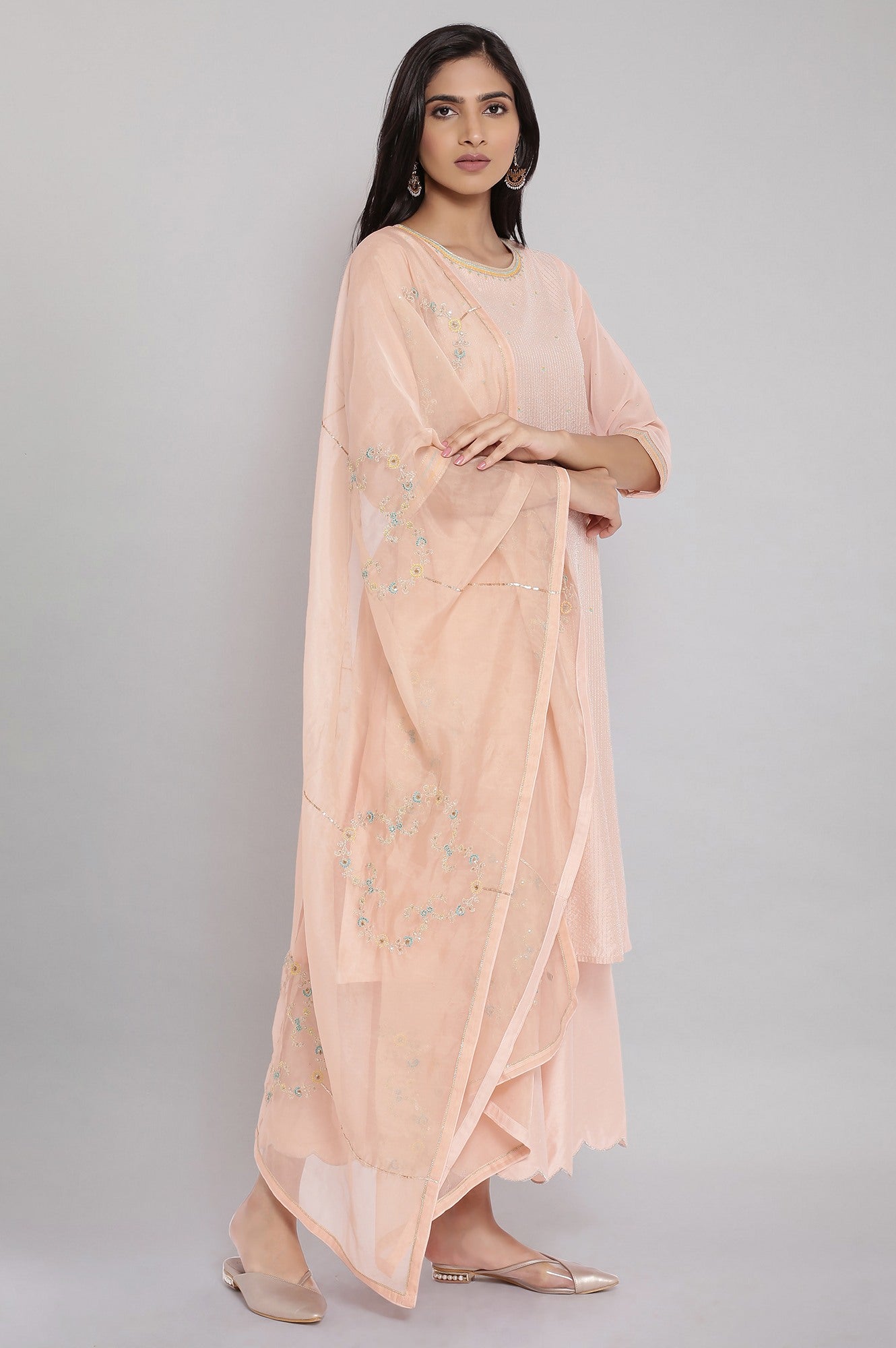 Light Pink Floral Print kurta-Parallel Pants-Dupatta Set