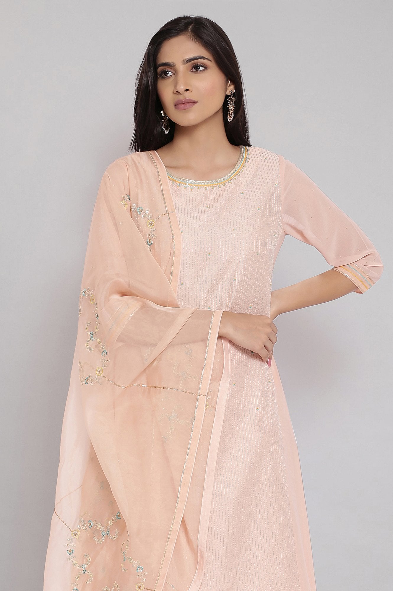 Light Pink Floral Print kurta-Parallel Pants-Dupatta Set