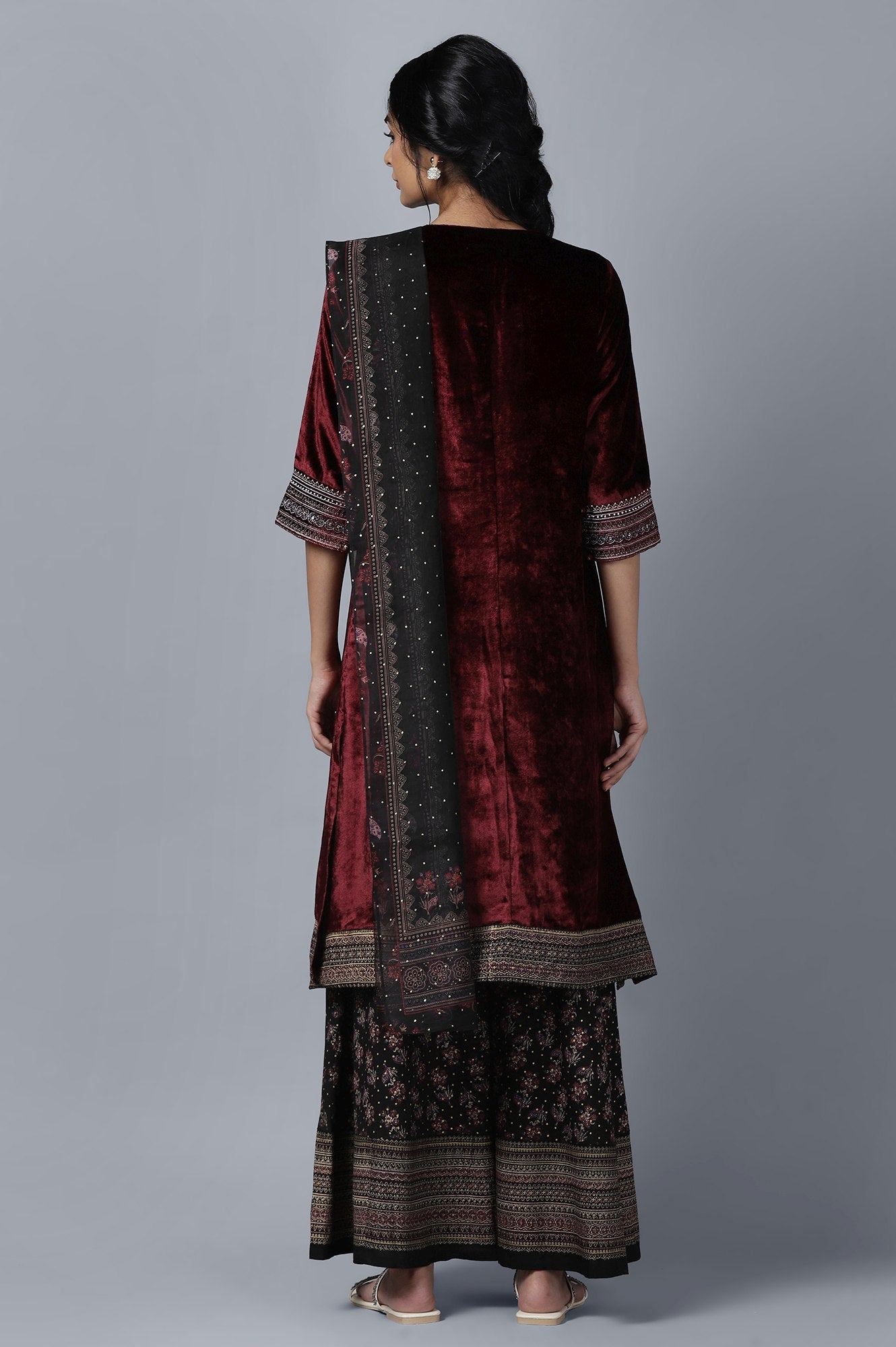 Dark Red Velvet kurta Sharara Dupatta Set