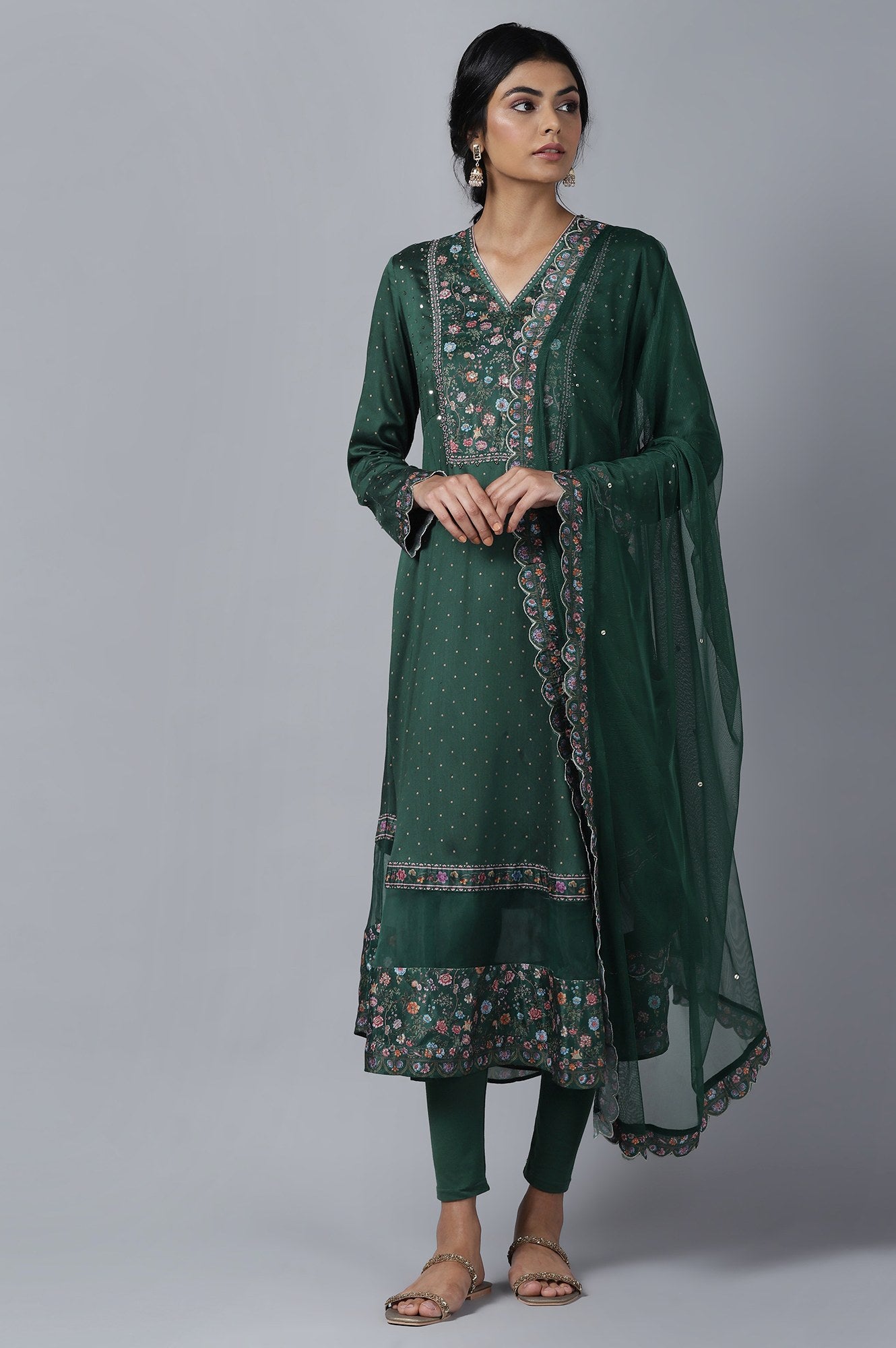 Dark Green kurta Tights Dupatta Set