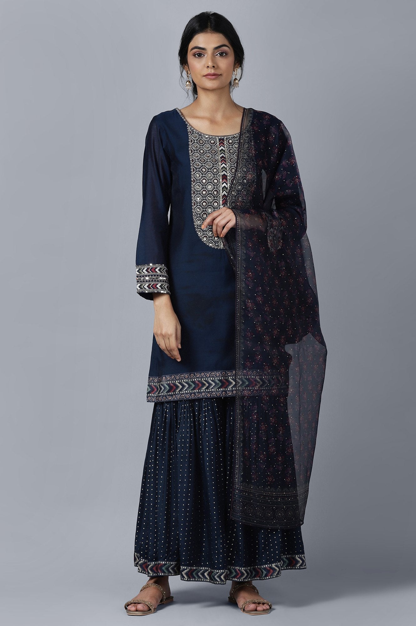 Dark Blue Short kurta Sharara Dupatta Set