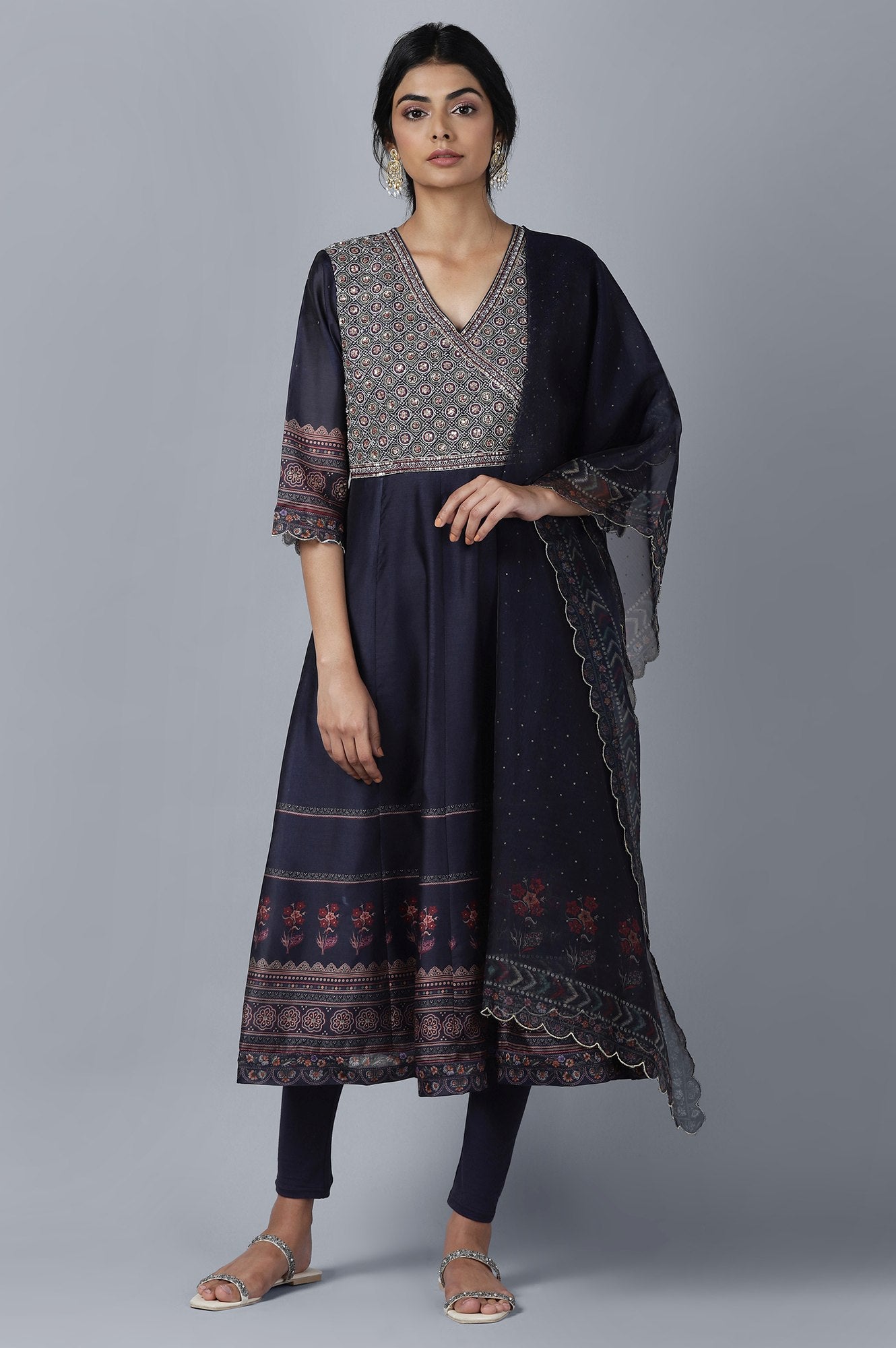 Dark Blue Anarkali kurta Tights Dupatta Set