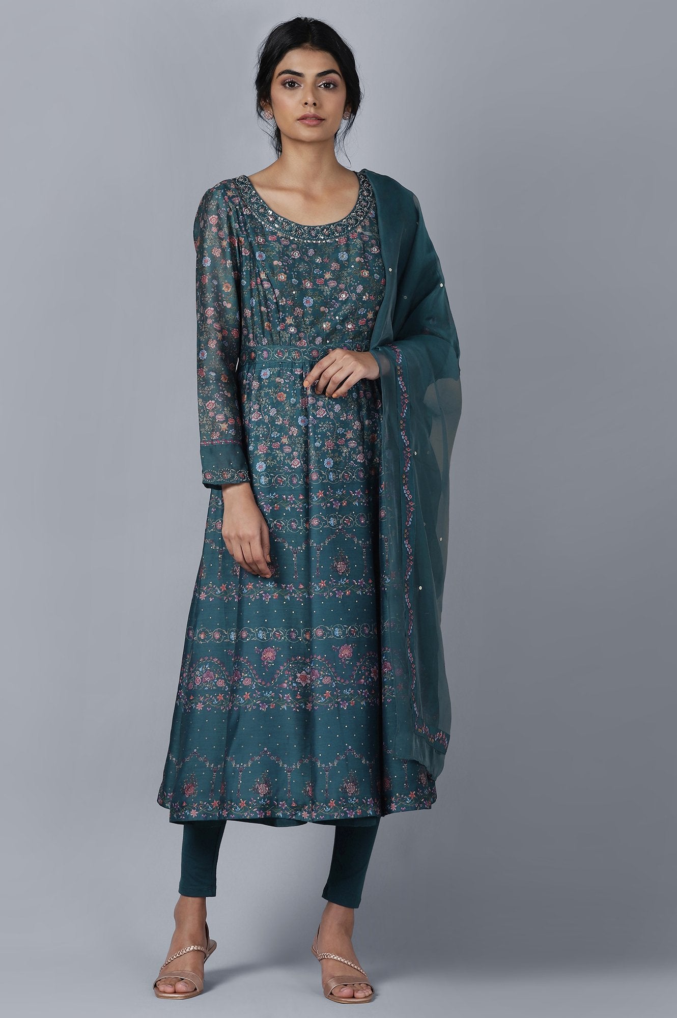 Dark Green Anarkali kurta Tights Dupatta Set