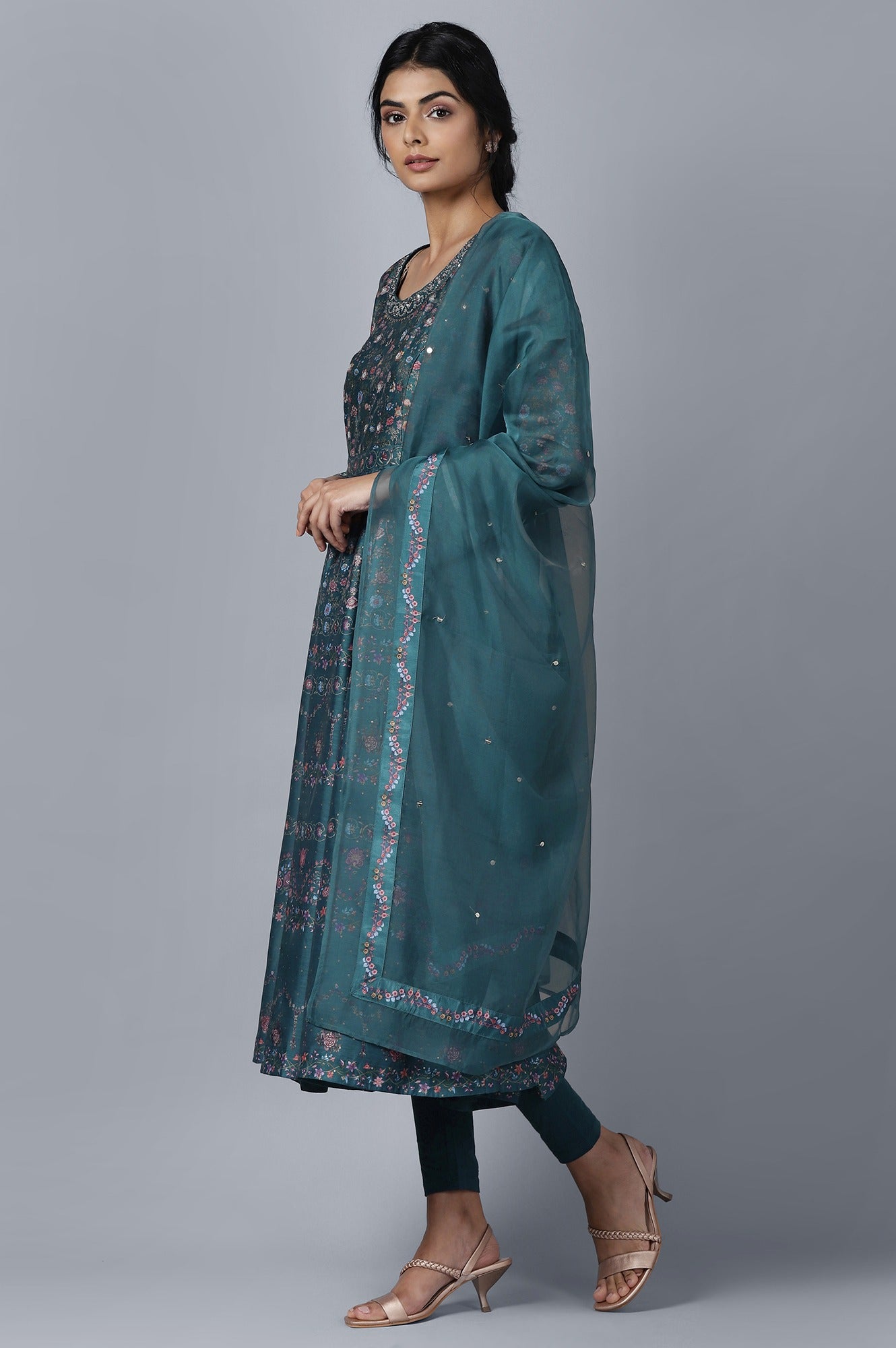 Dark Green Anarkali kurta Tights Dupatta Set