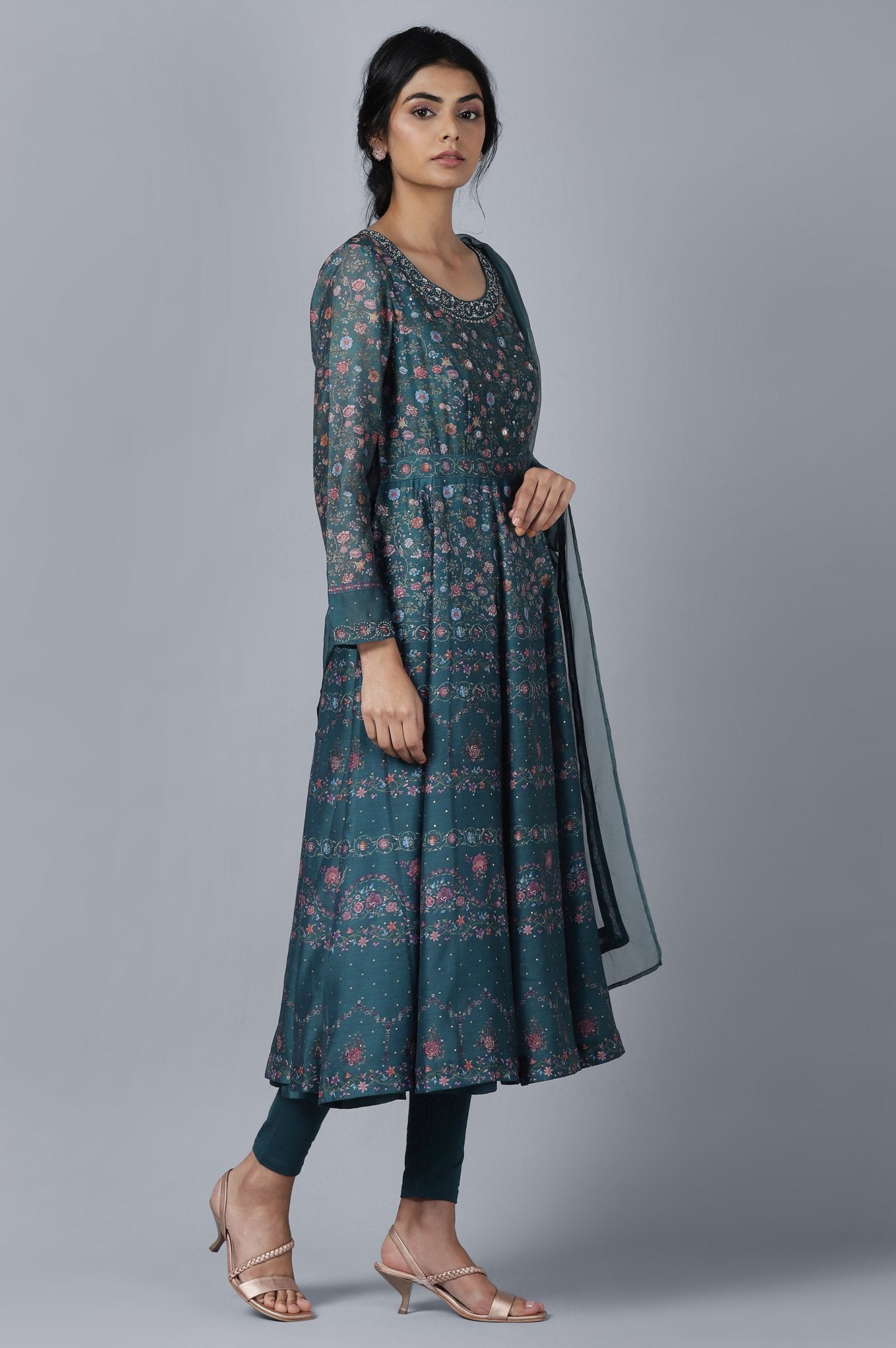 Dark Green Anarkali kurta Tights Dupatta Set