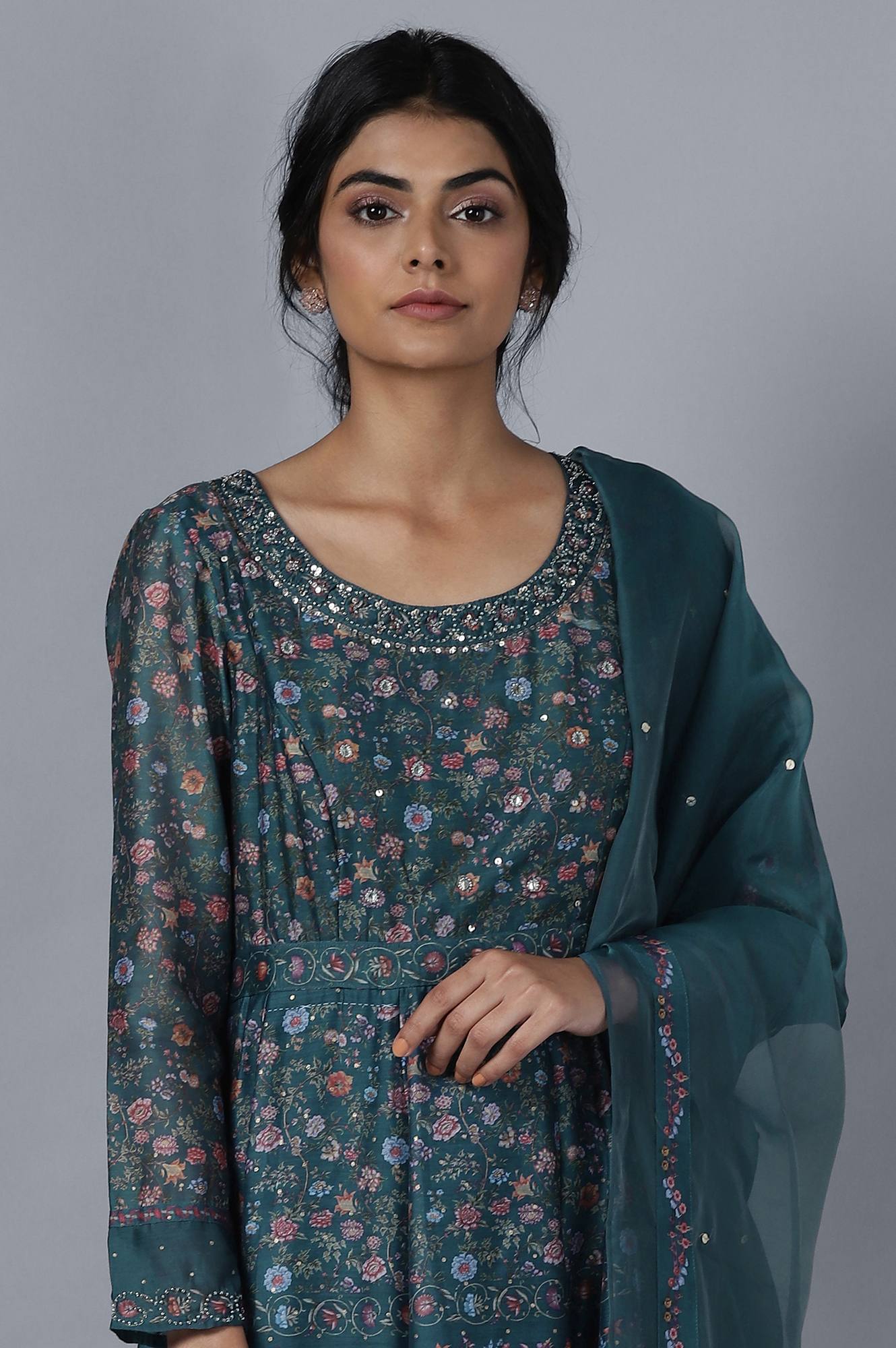 Dark Green Anarkali kurta Tights Dupatta Set