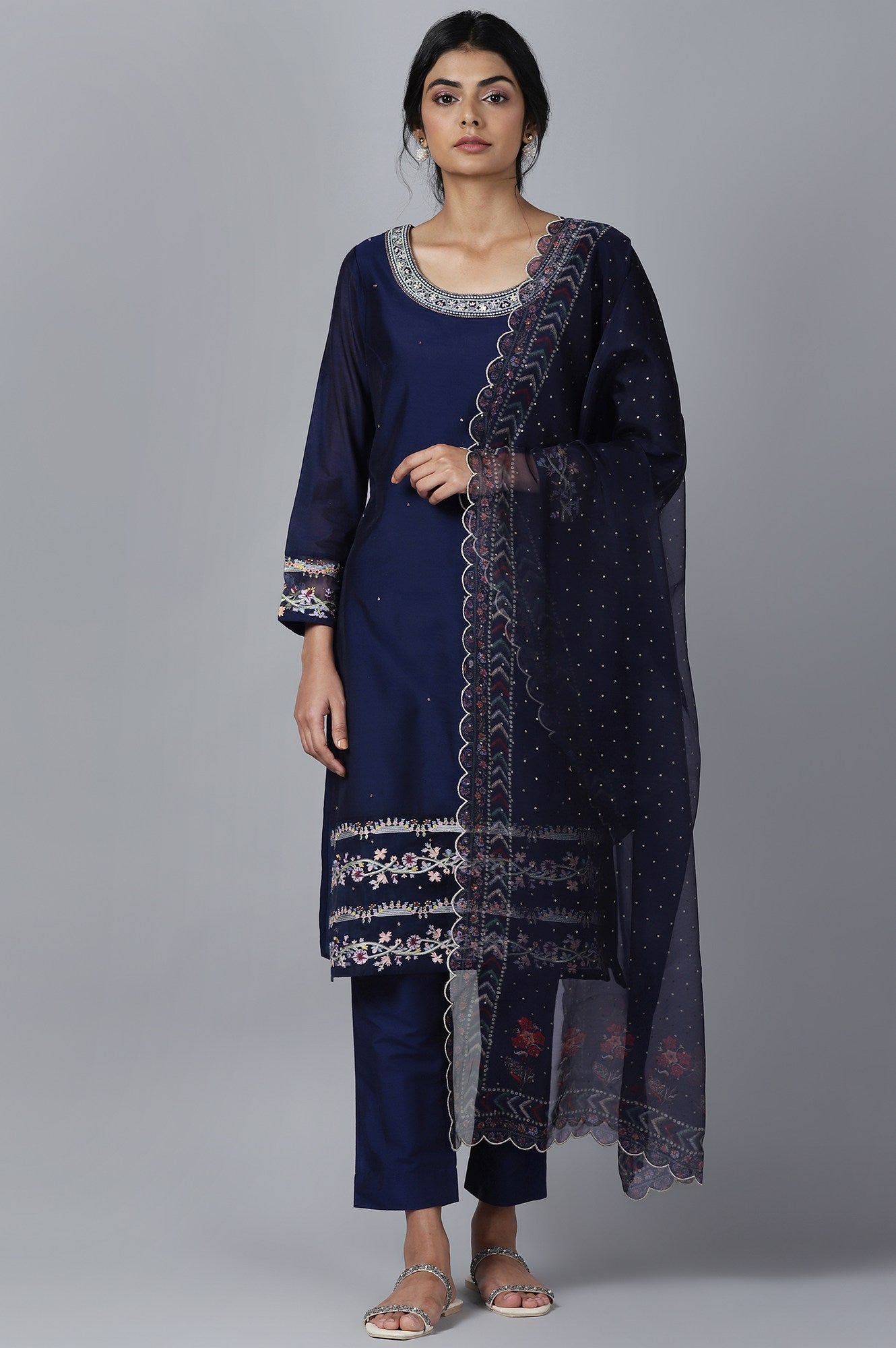 Navy Blue kurta Slim Pants Dupatta Set