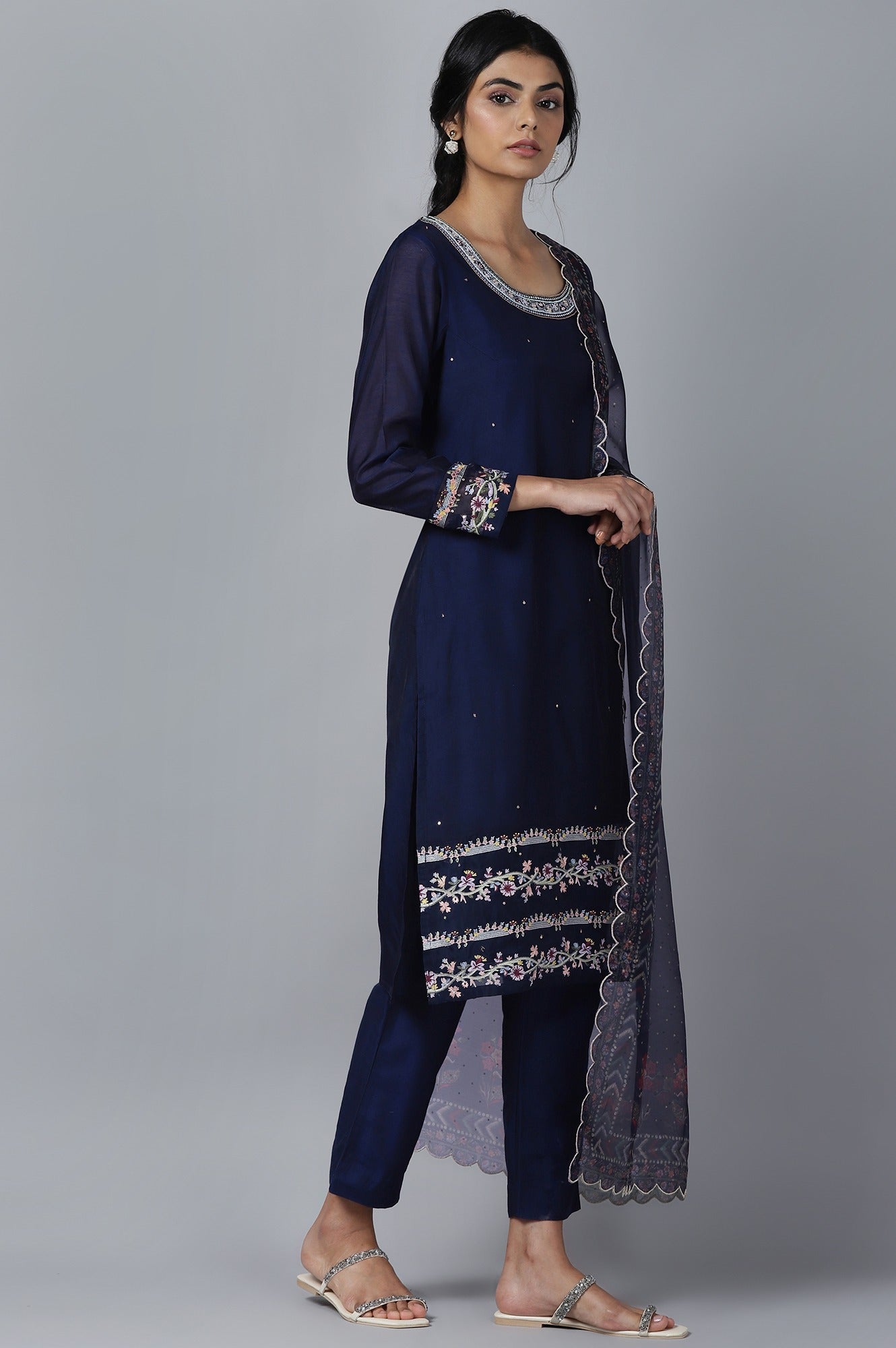 Navy Blue kurta Slim Pants Dupatta Set