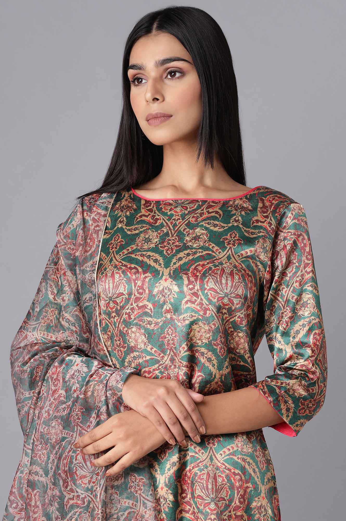 Pine Green kurta-Slim Pant-Dupatta Set