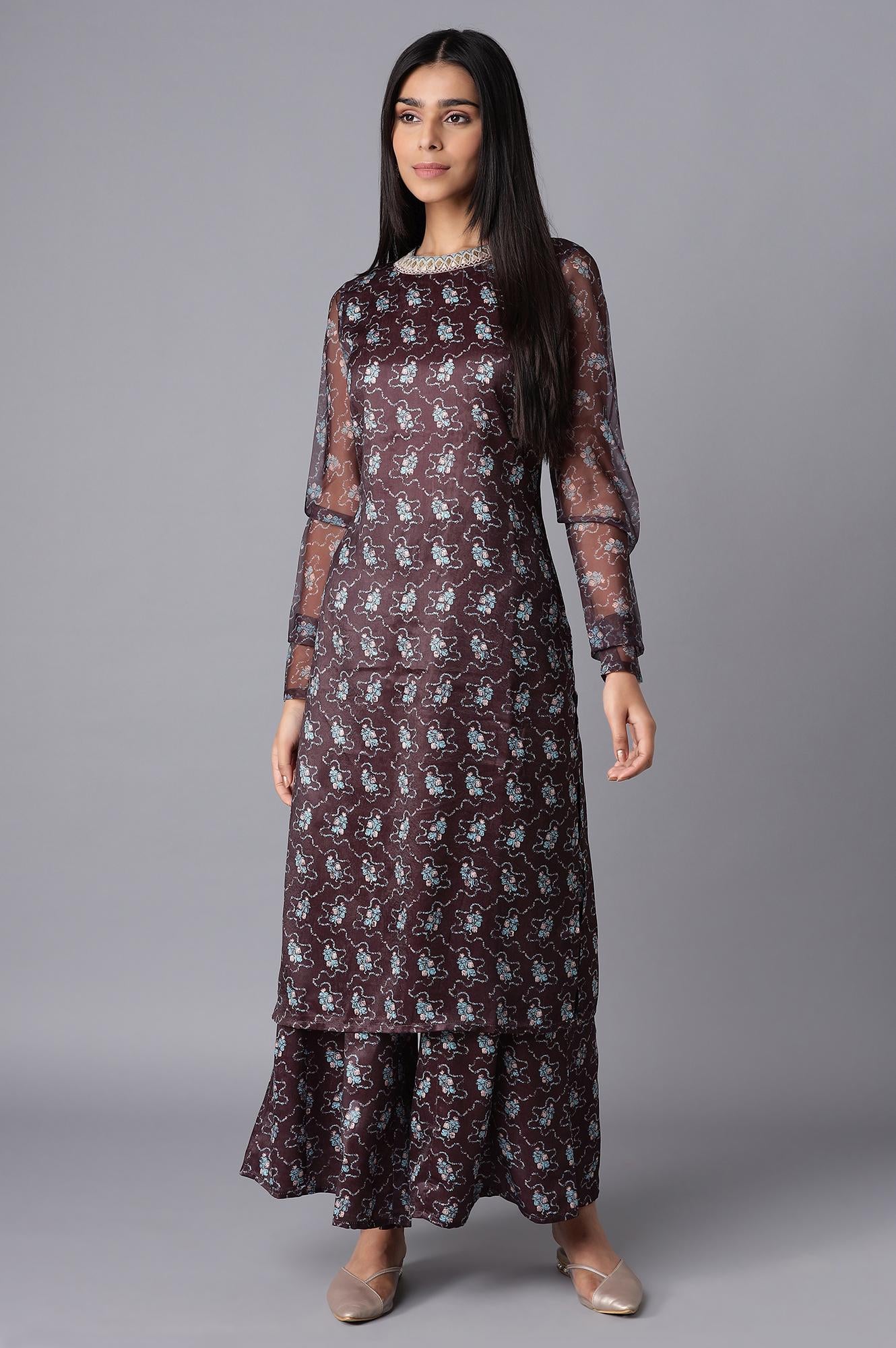 Dark Brown kurta-Flared Pant Set