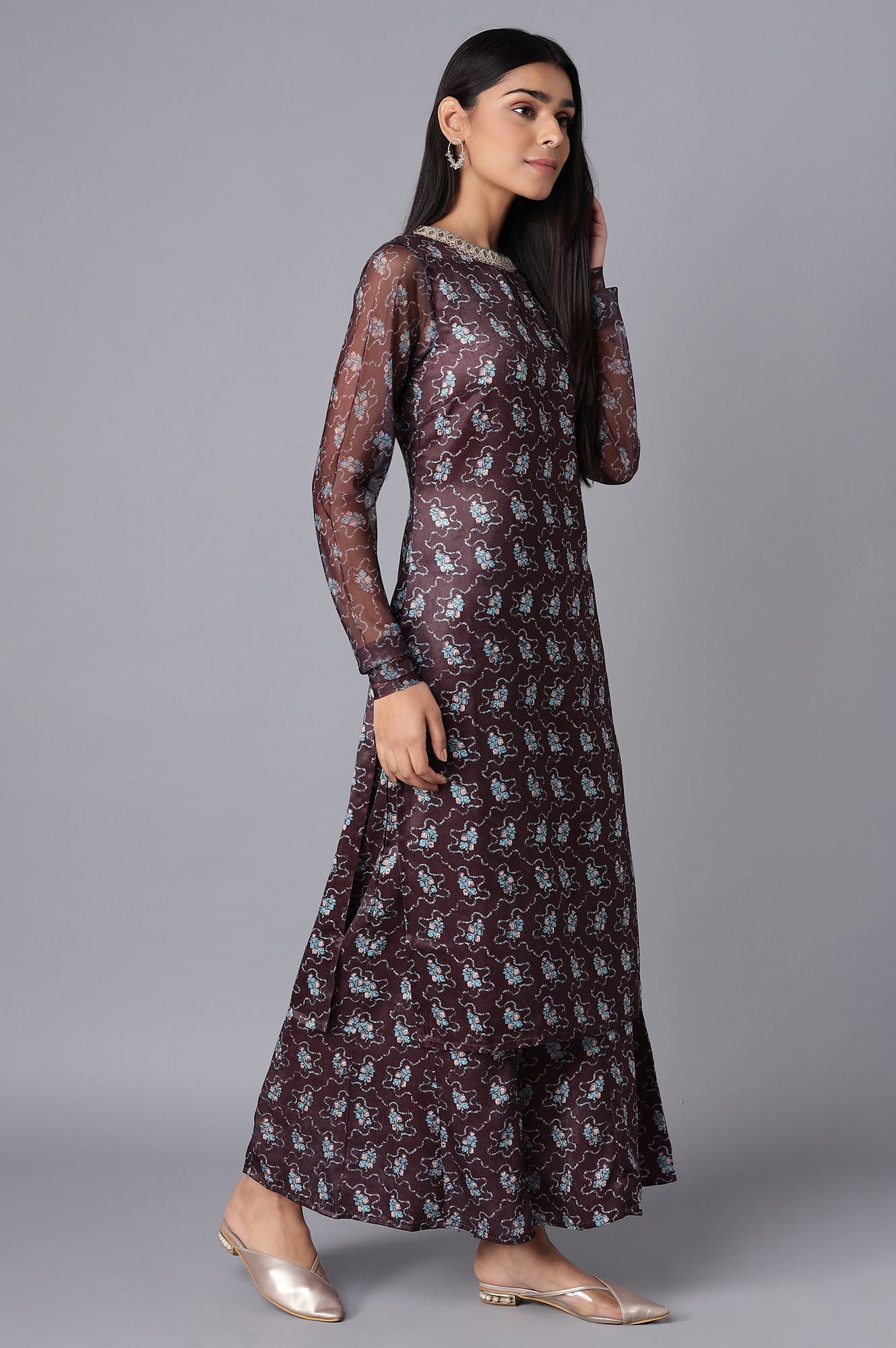 Dark Brown kurta-Flared Pant Set