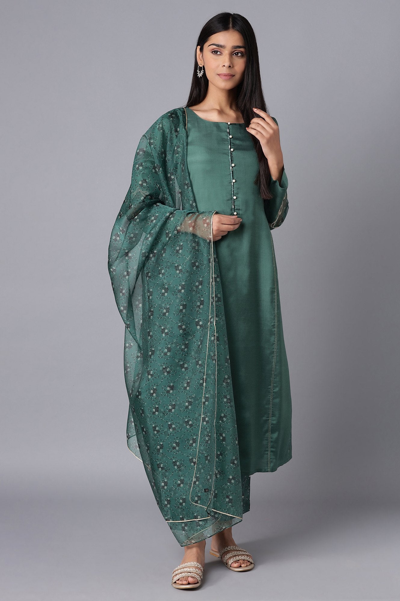 Green kurta-Slim Pant- Dupatta Set