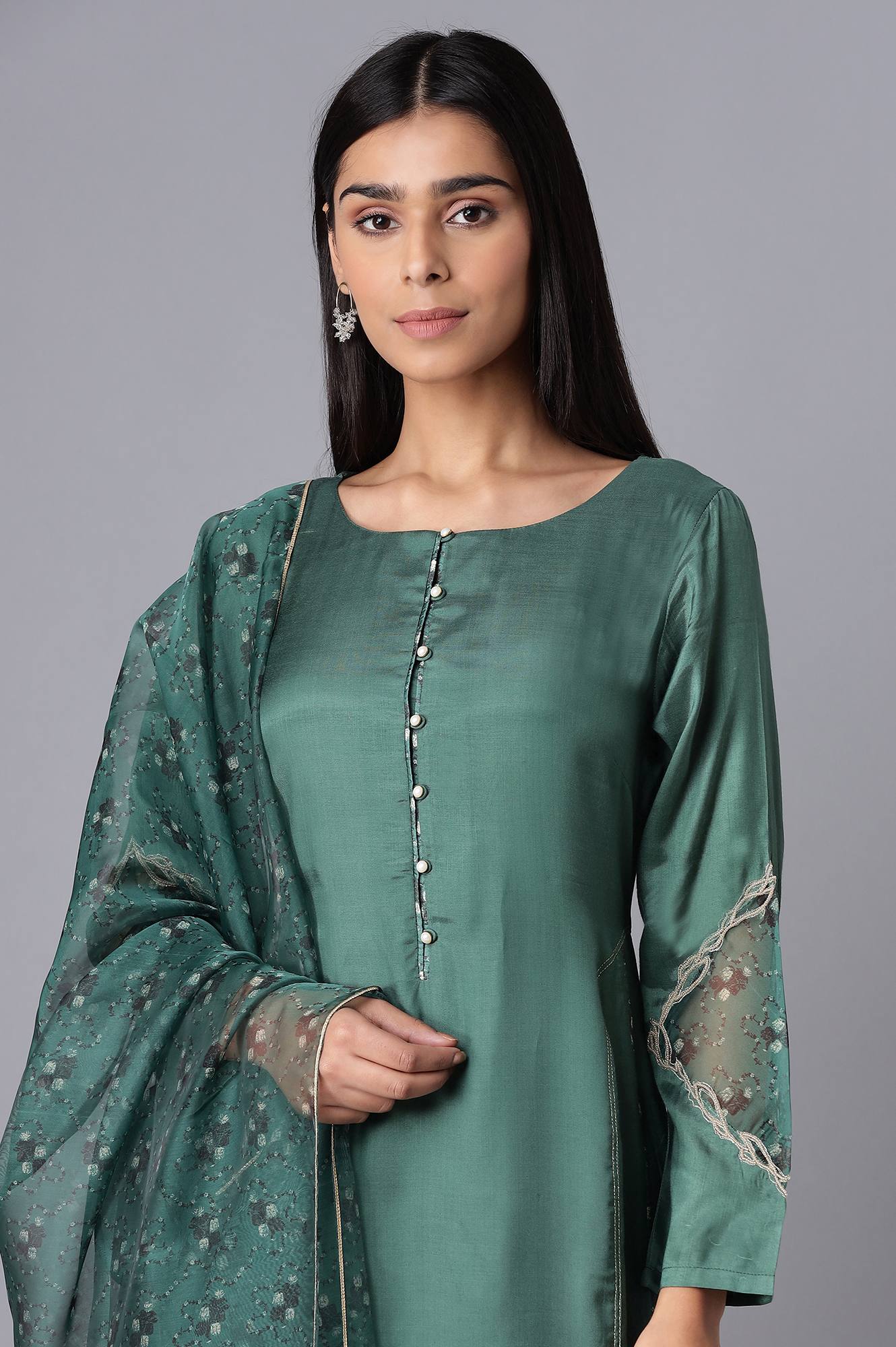 Green kurta-Slim Pant- Dupatta Set