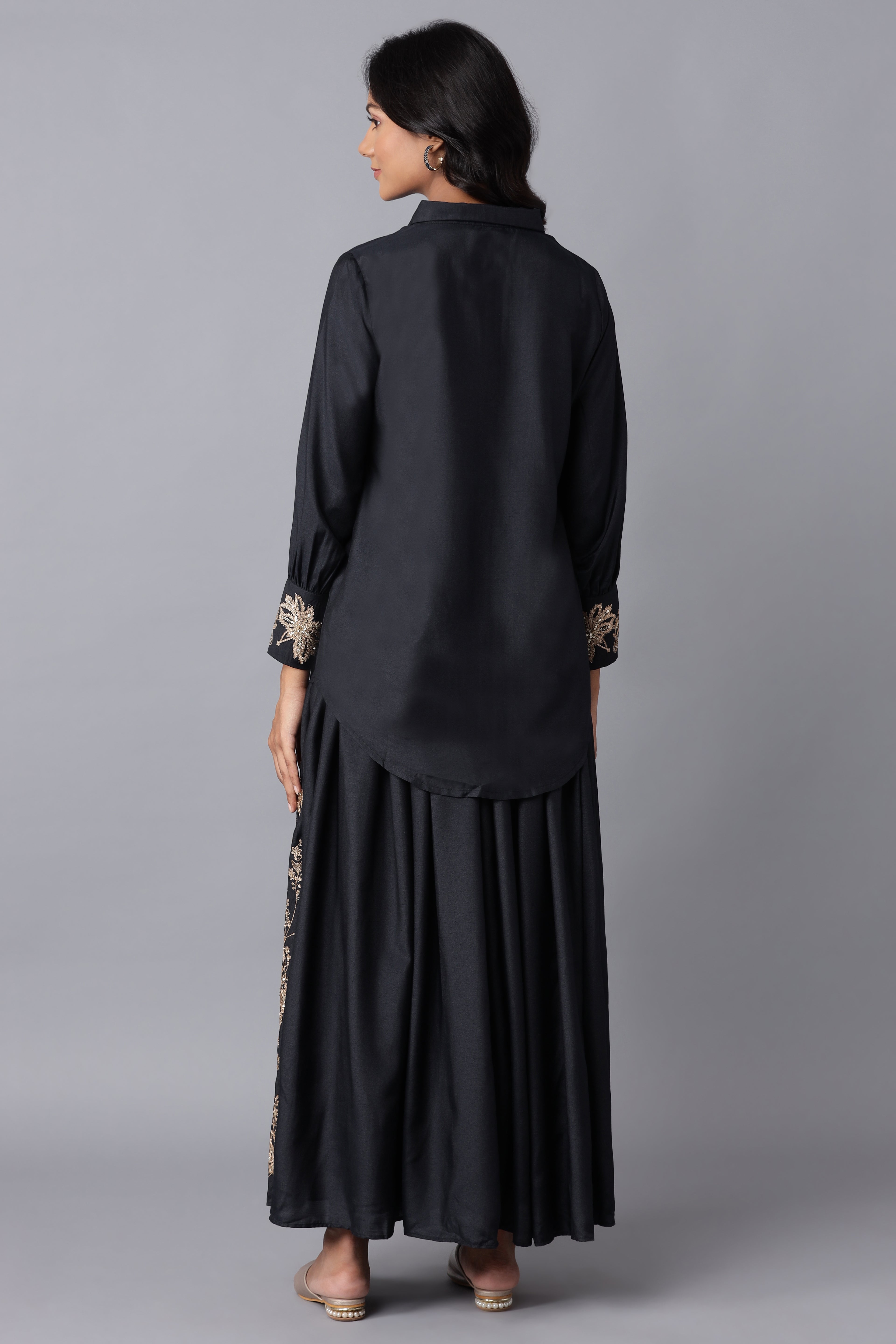 Navy Blue Embroidered Victorian Shirt-Skirt Set