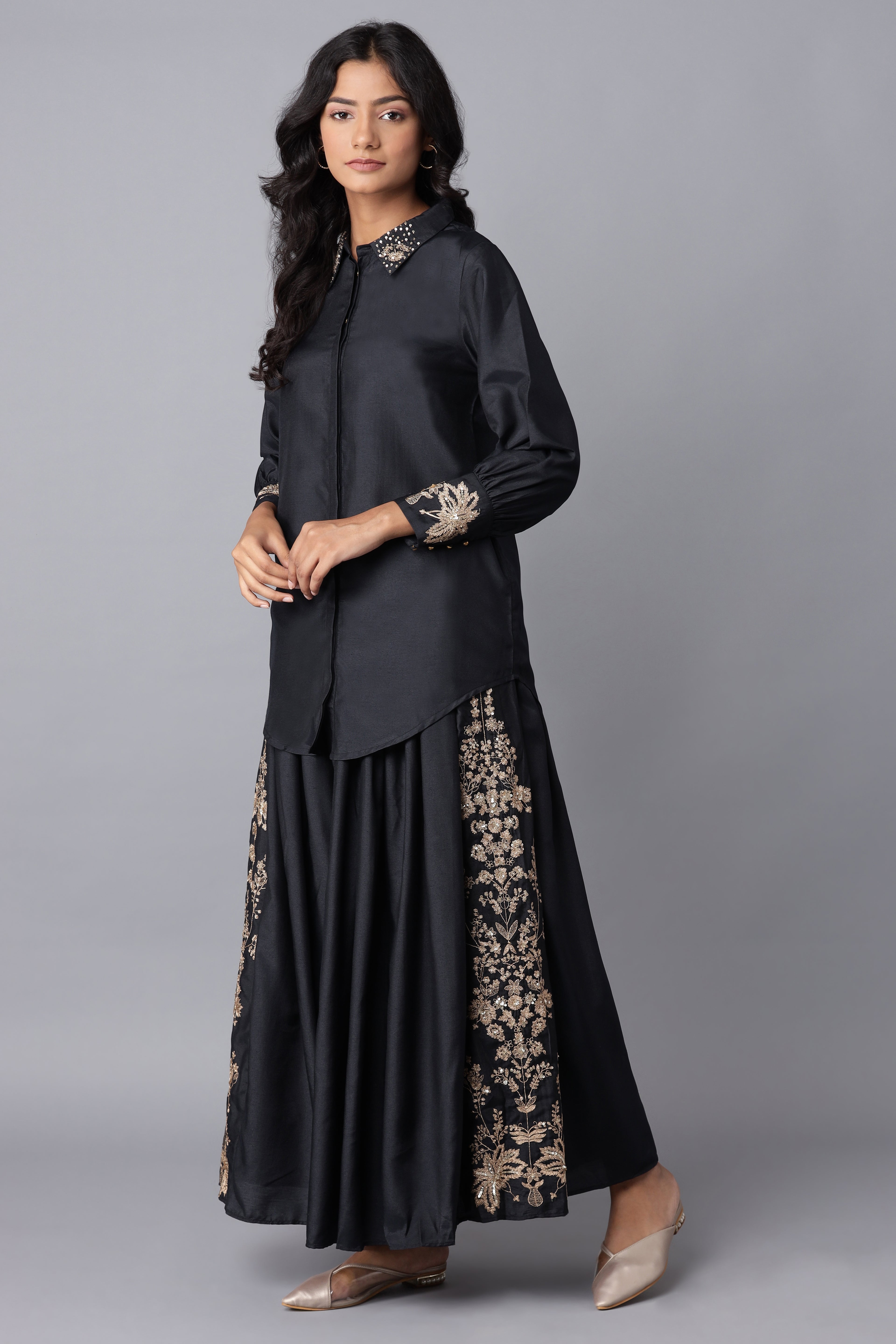 Navy Blue Embroidered Victorian Shirt-Skirt Set