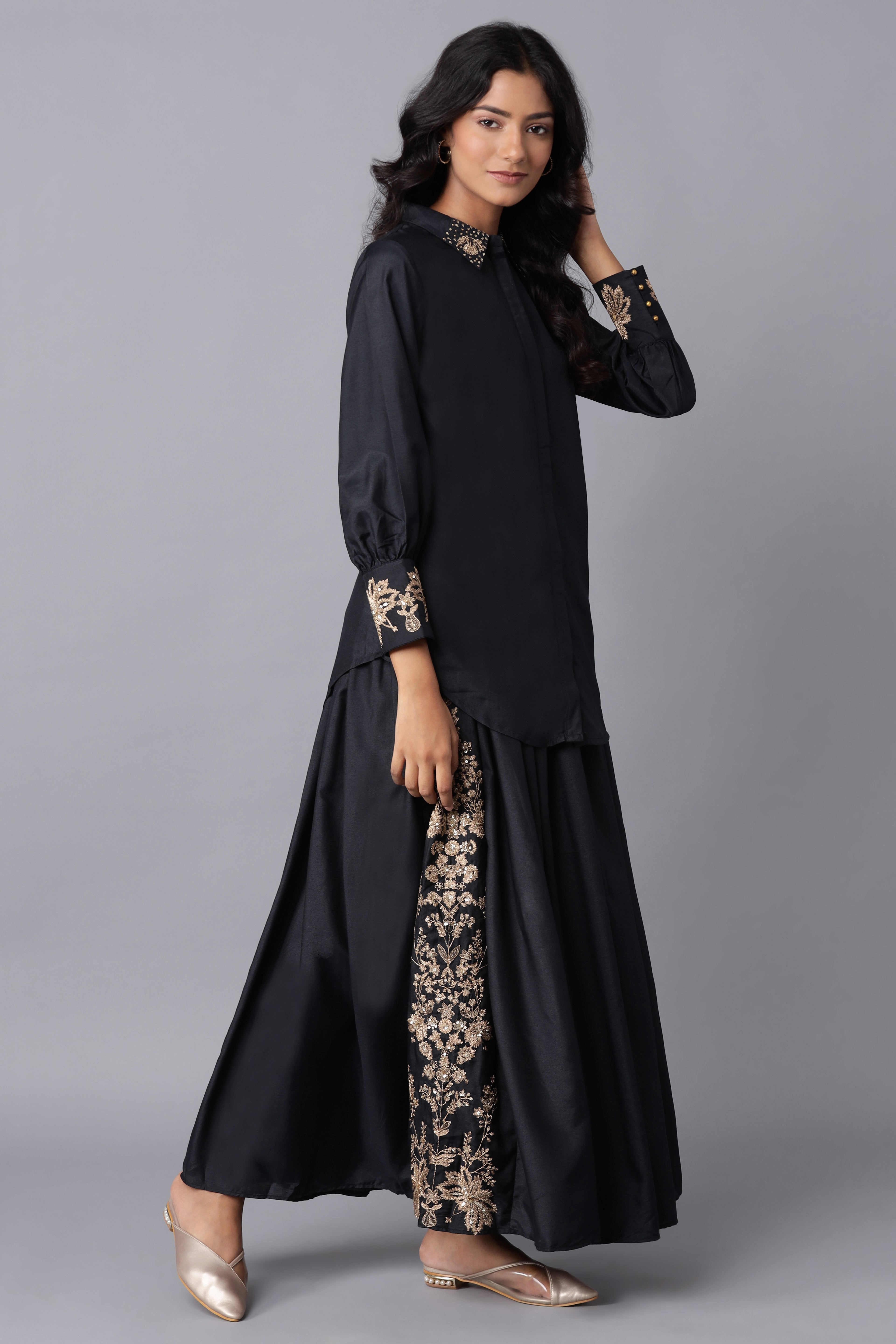 Navy Blue Embroidered Victorian Shirt-Skirt Set