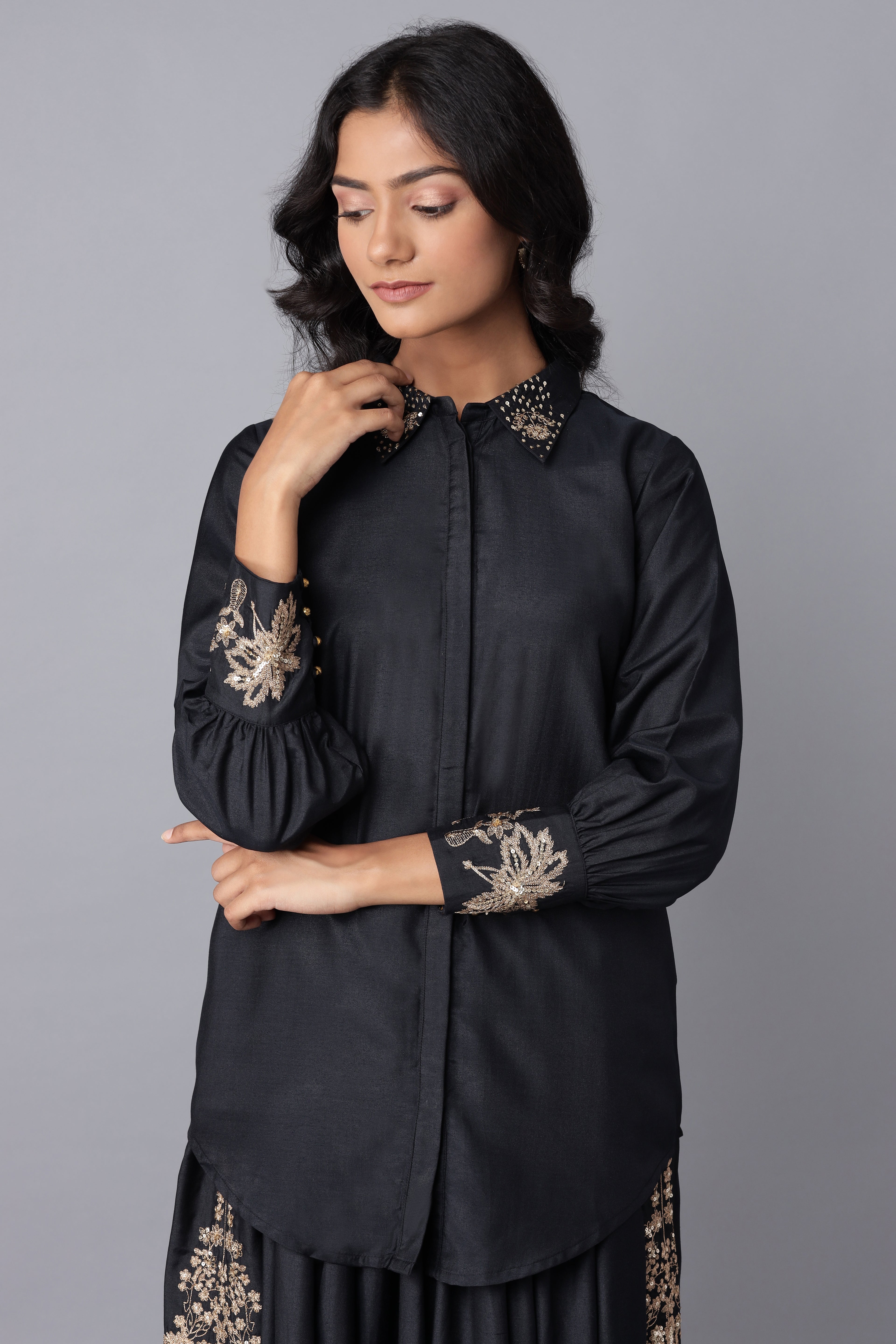 Navy Blue Embroidered Victorian Shirt-Skirt Set