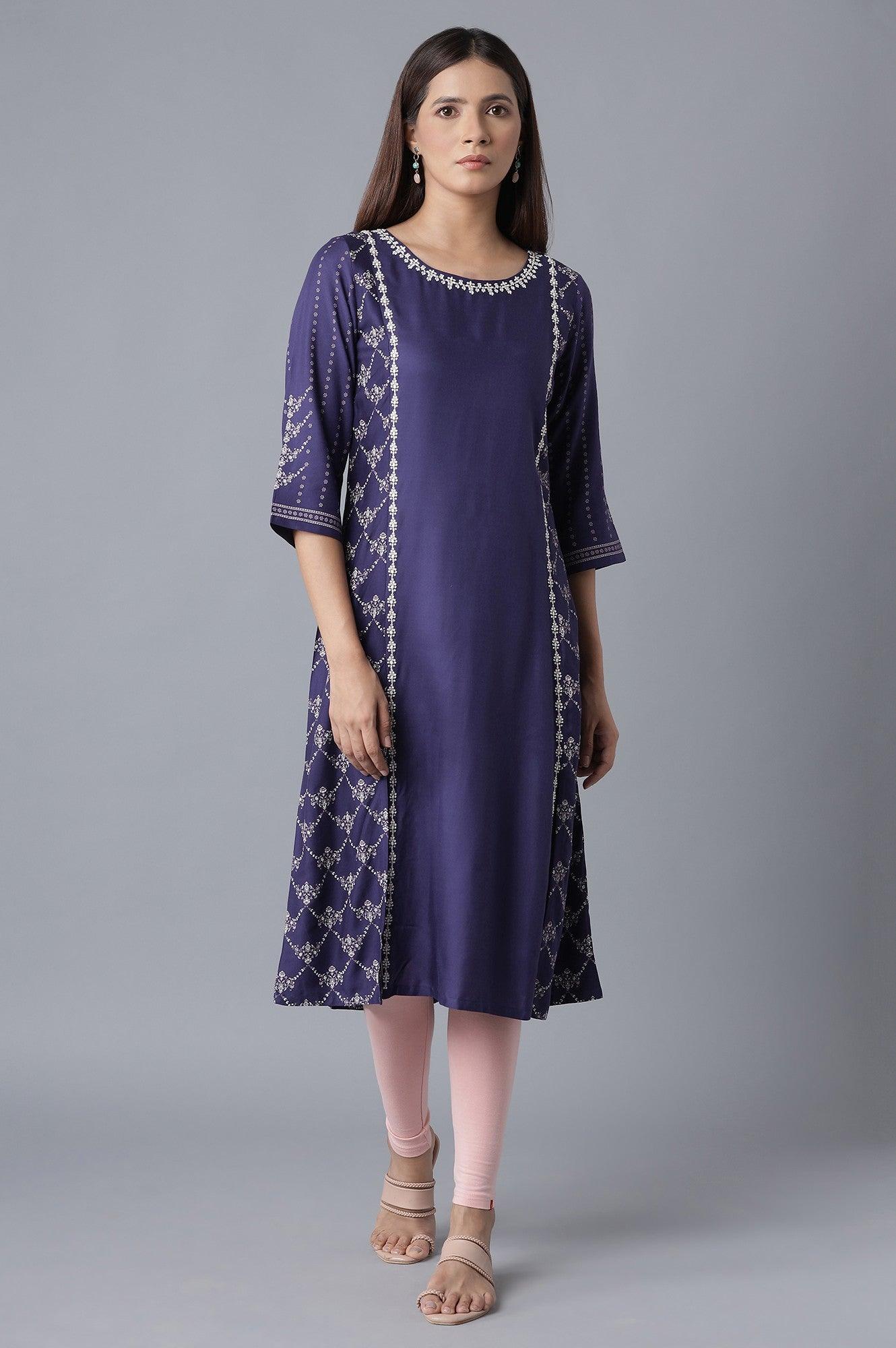 Navy Blue kurta with Embroidery - wforwoman