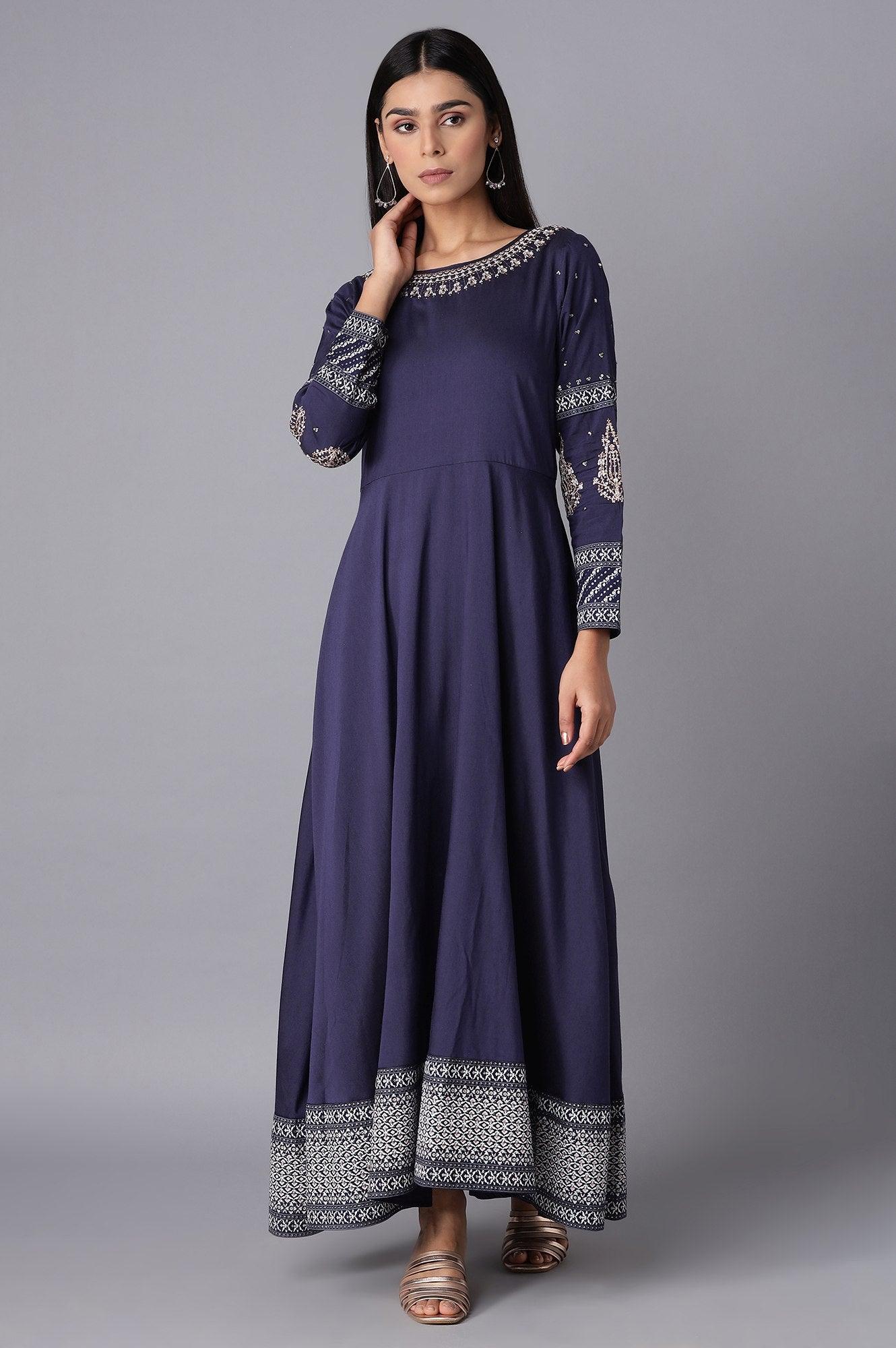 Buy Oxford Blue Embroidered Kalidar Flared Dress @ 3999 | W for woman Buy Oxford Blue Embroidered Kalidar Flared Dress @ 3999 | W for woman
