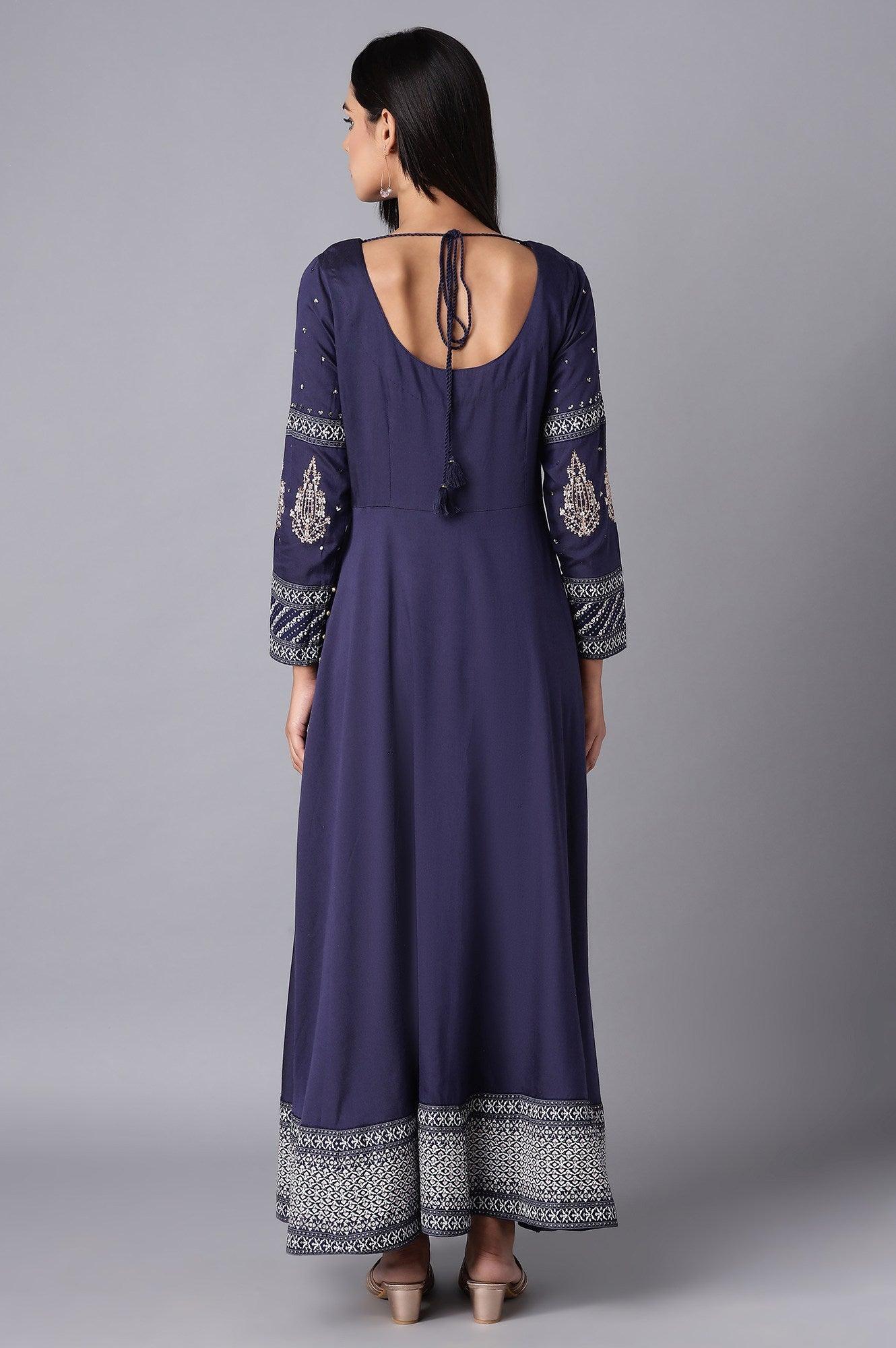 Oxford Blue Embroidered Kalidar Flared Dress - wforwoman