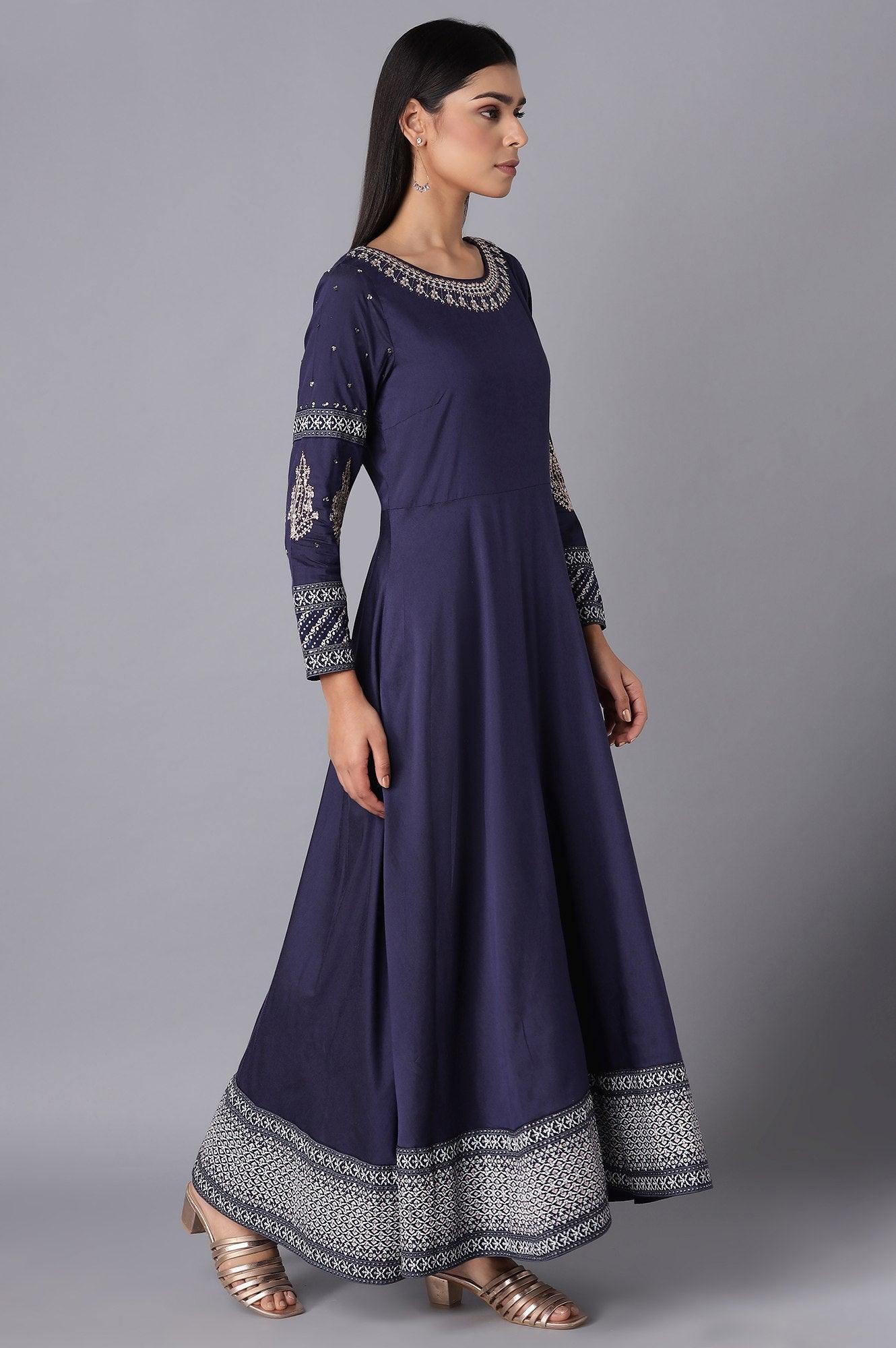 Oxford Blue Embroidered Kalidar Flared Dress - wforwoman