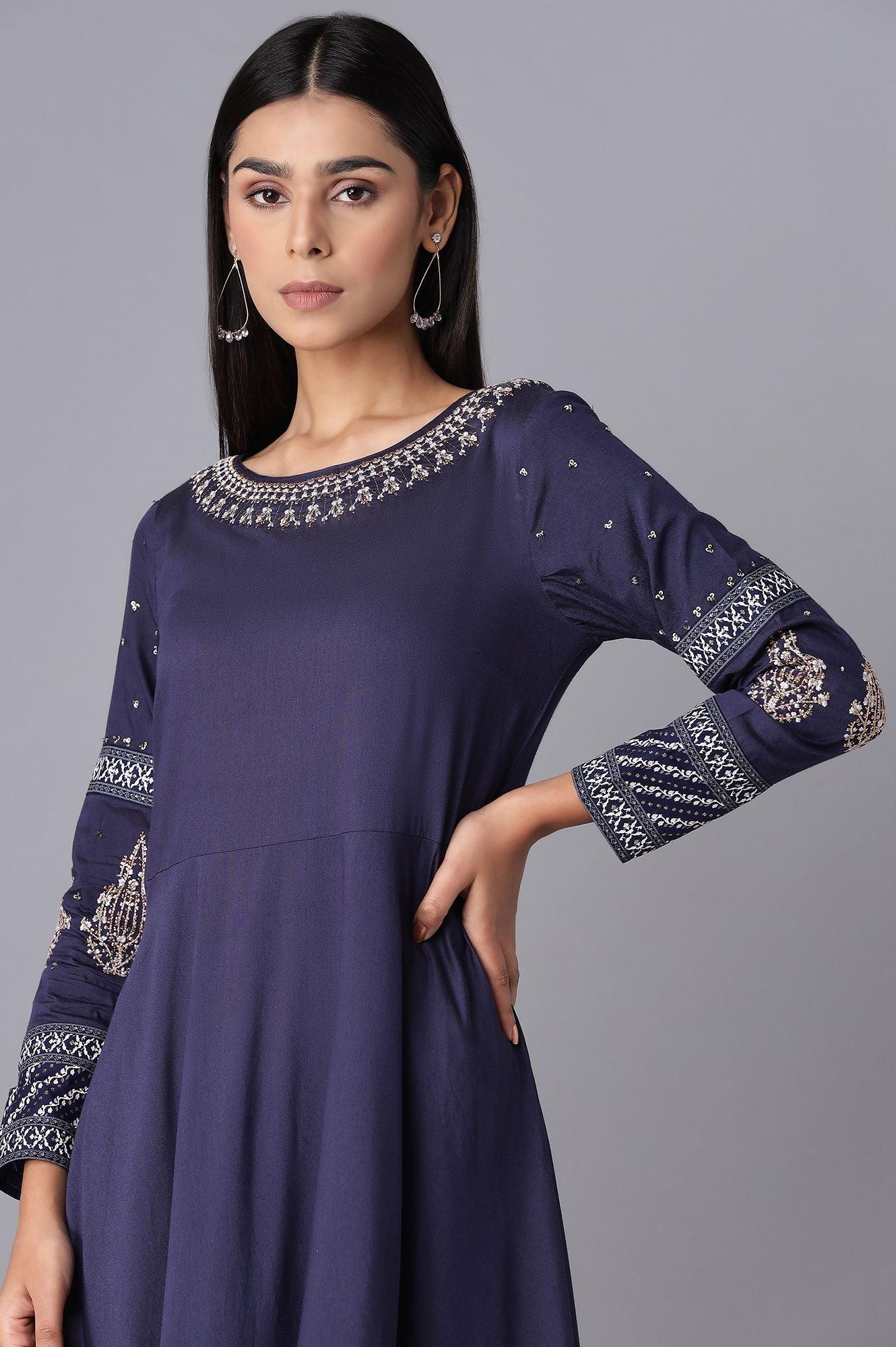 Oxford Blue Embroidered Kalidar Flared Dress - wforwoman
