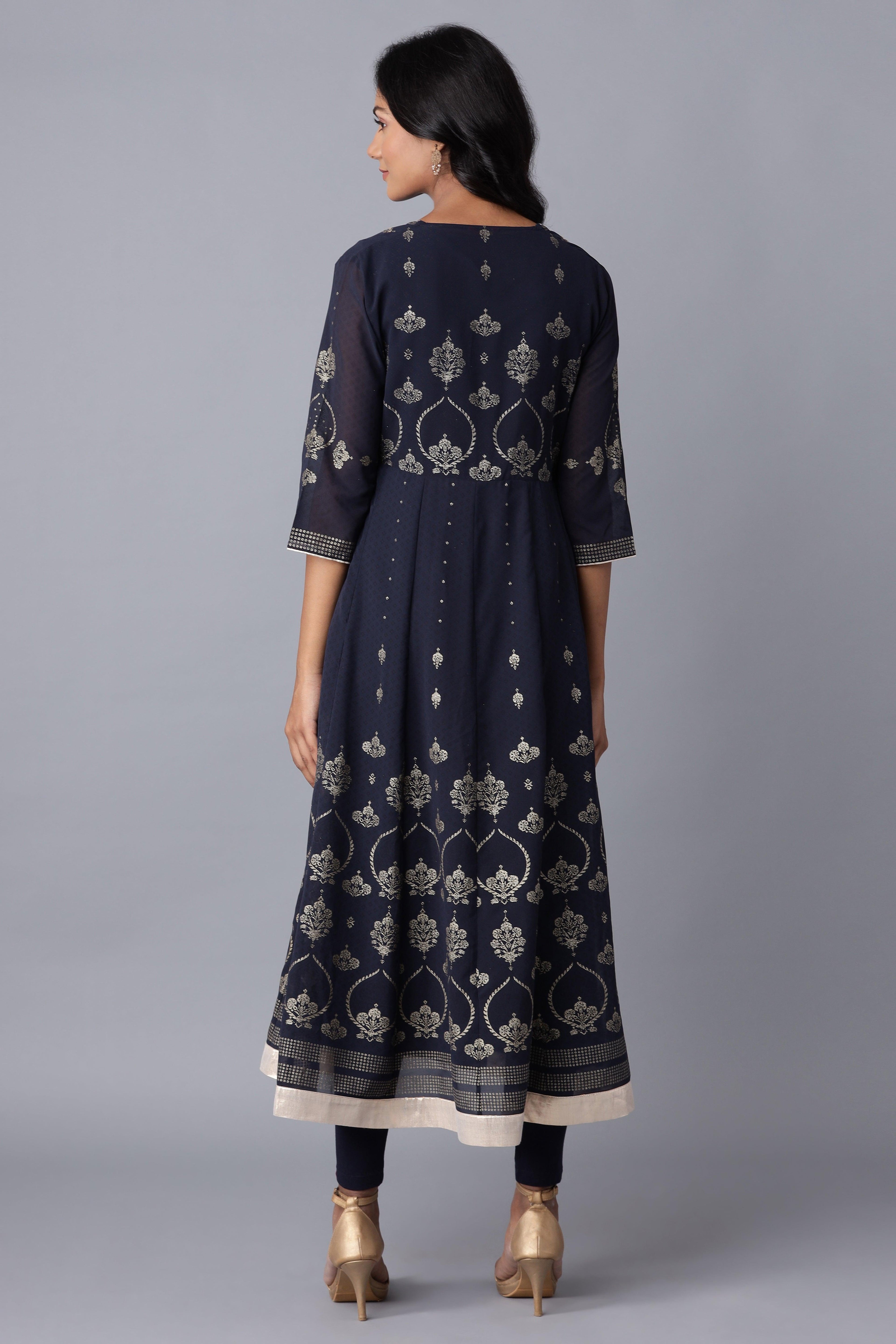 Navy Blue Layered kurta-Solid Tights Set - wforwoman