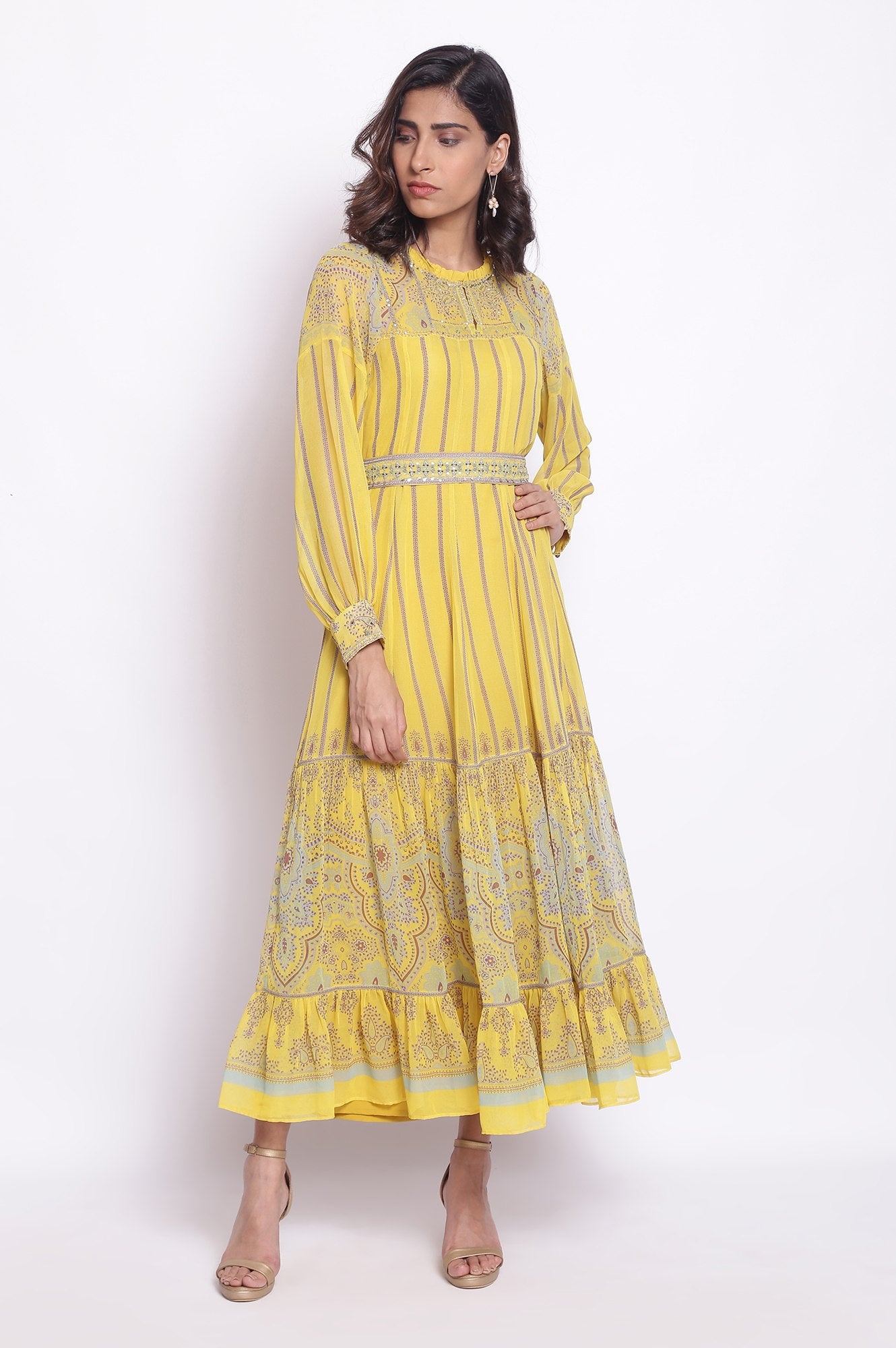 Yellow Maxi Dress With Embroidered Belt
