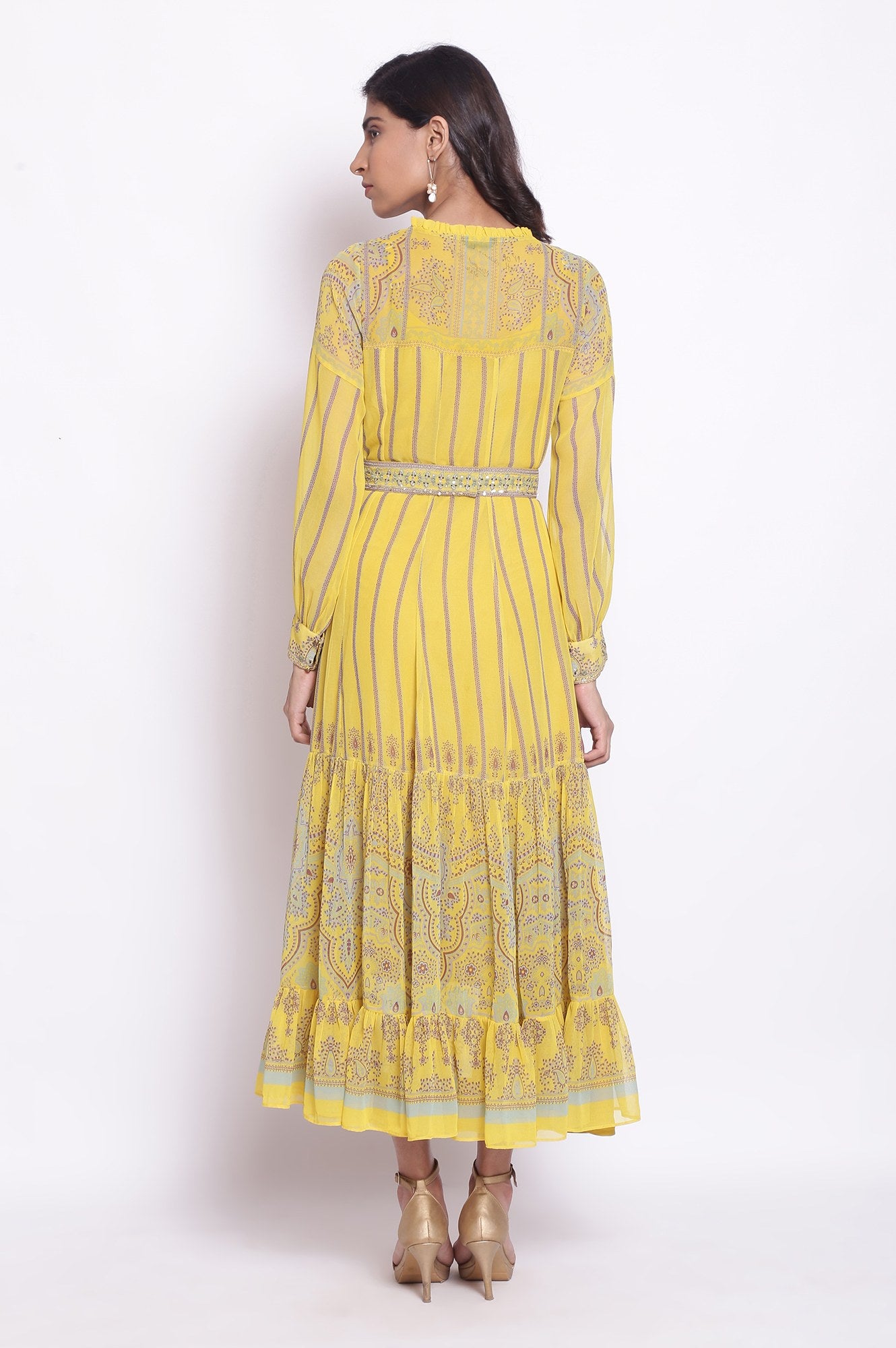 Yellow Maxi Dress With Embroidered Belt