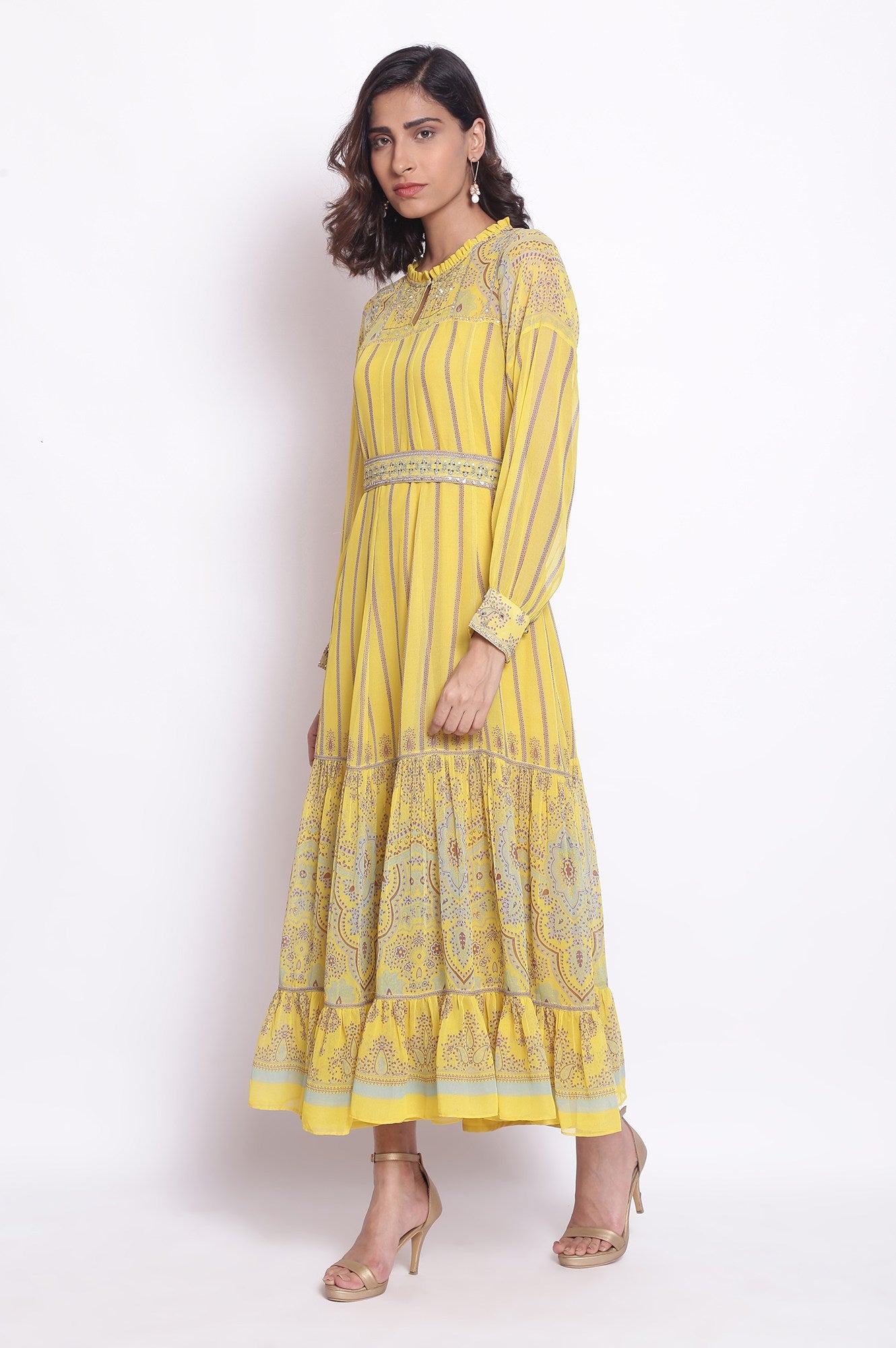 Yellow Maxi Dress With Embroidered Belt