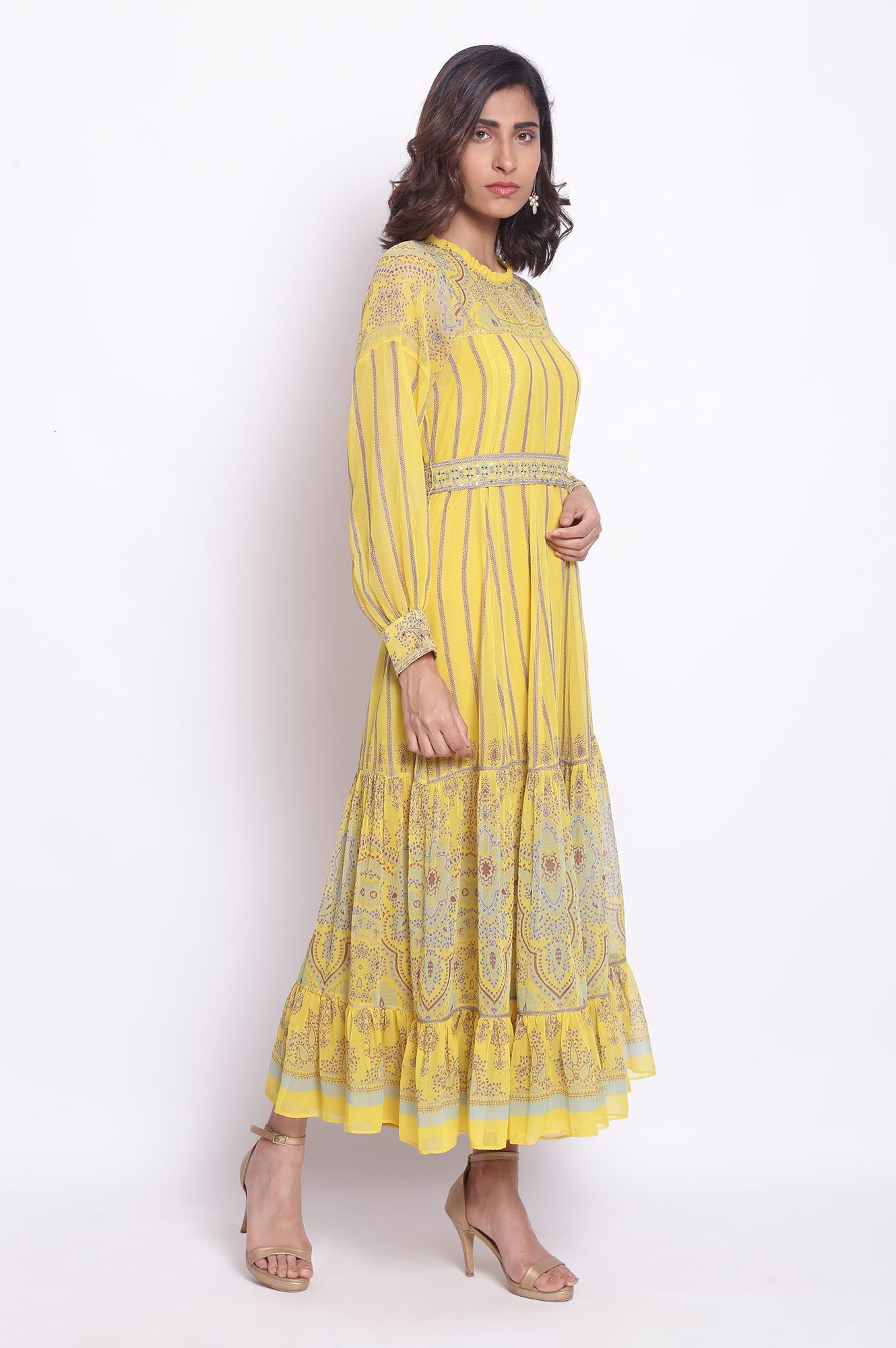 Yellow Maxi Dress With Embroidered Belt