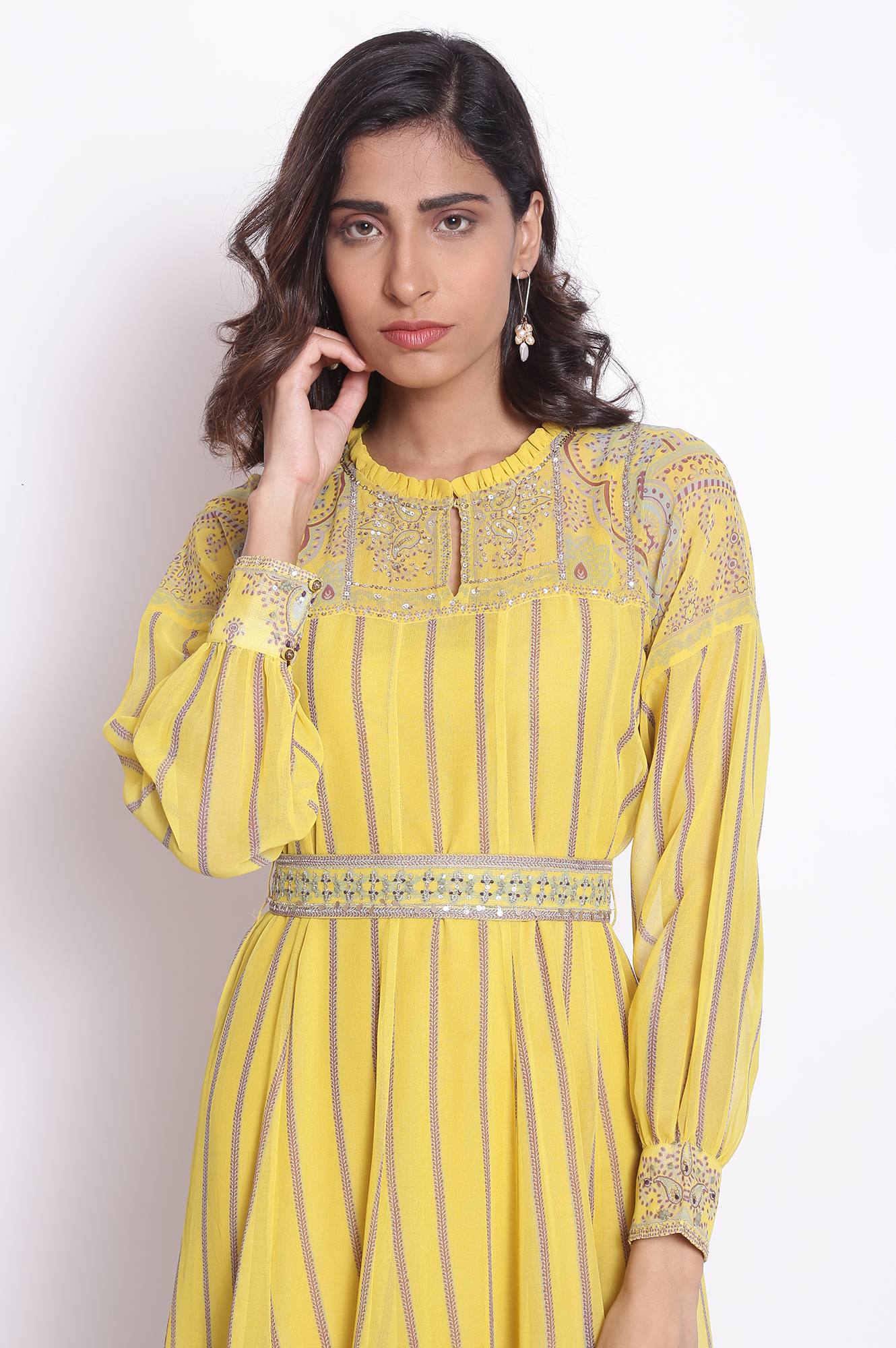 Yellow Maxi Dress With Embroidered Belt