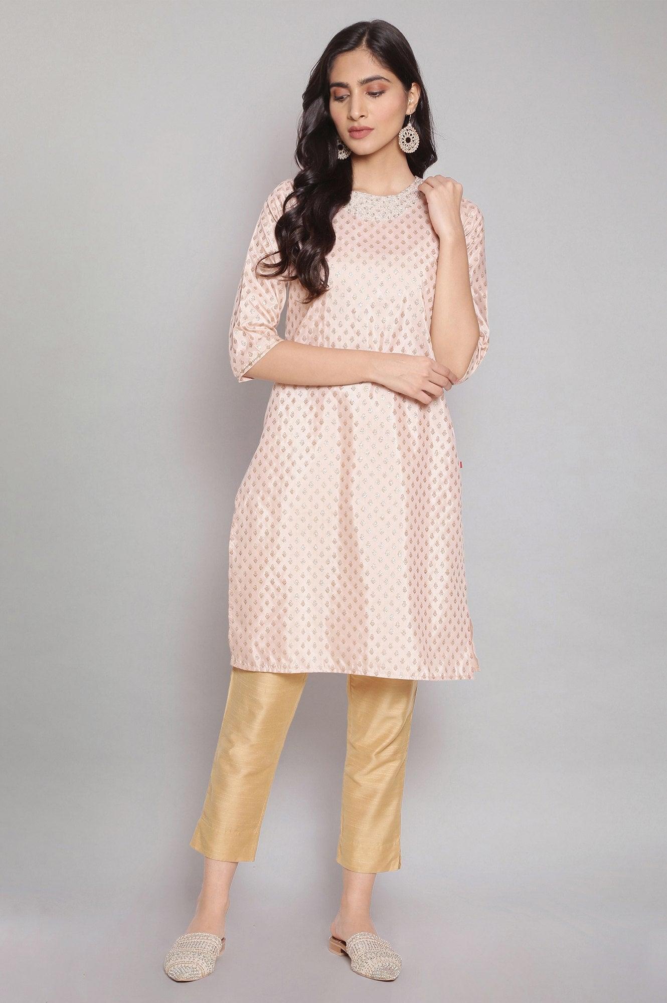 Light Pink Festive Round Neck kurta with Dori Embroidery - wforwoman