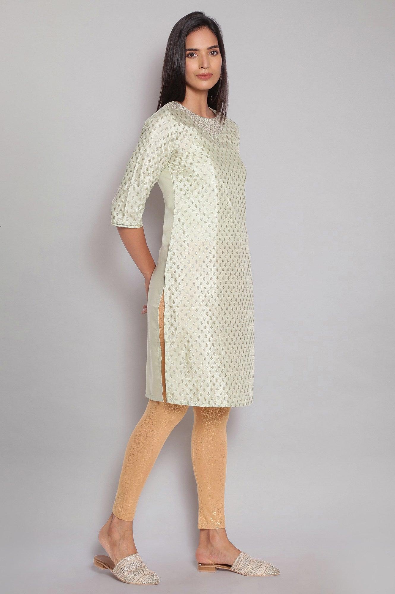 Ecru Festive Round Neck kurta With Dori Sequin - wforwoman
