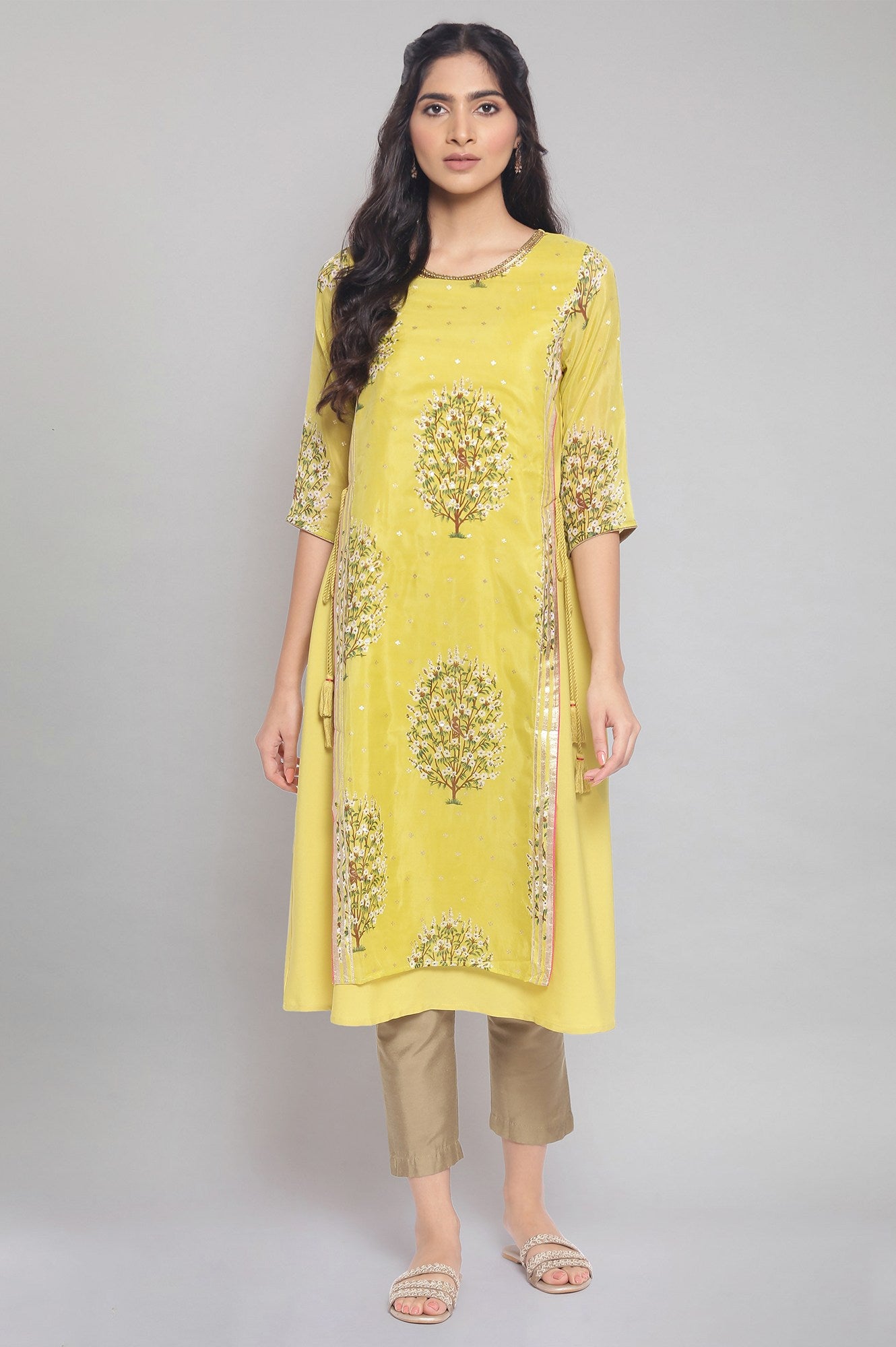 Yellow Floral Print A-line kurta