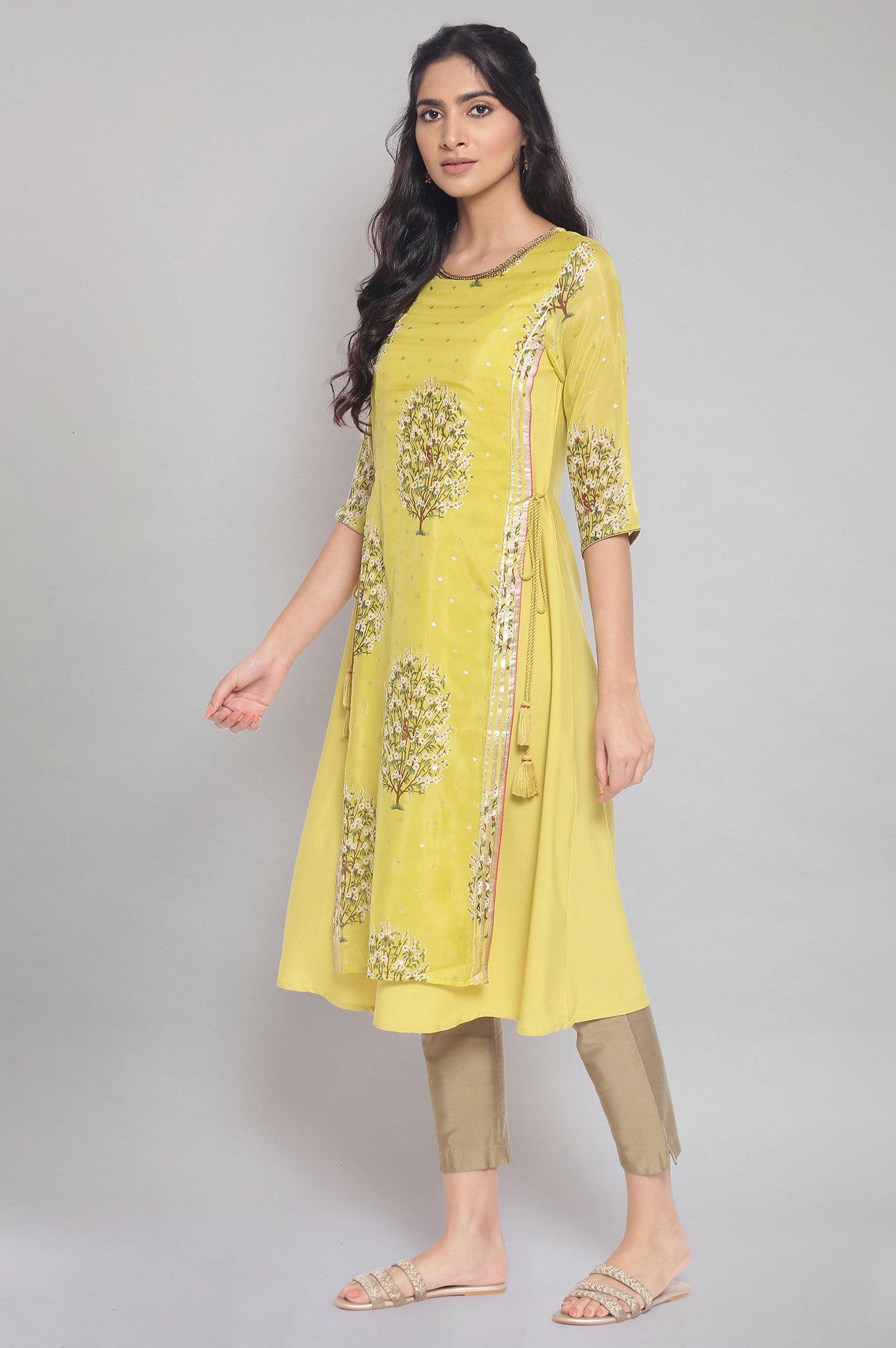 Yellow Floral Print A-line kurta