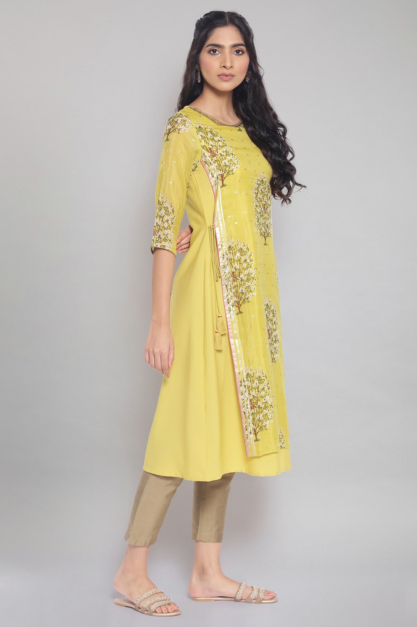 Yellow Floral Print A-line kurta