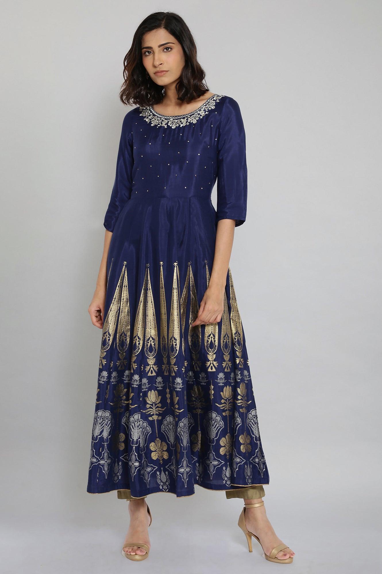 Navy Blue Round Neck Flared Dress - wforwoman