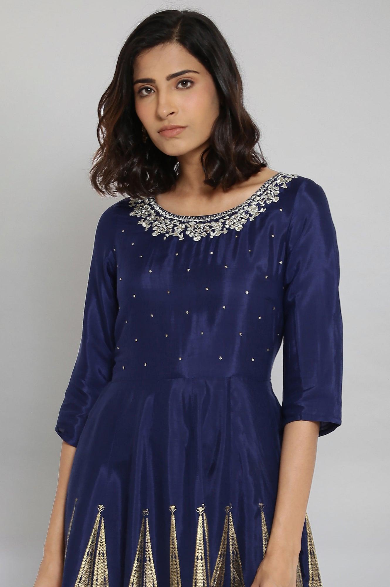 Navy Blue Round Neck Flared Dress - wforwoman