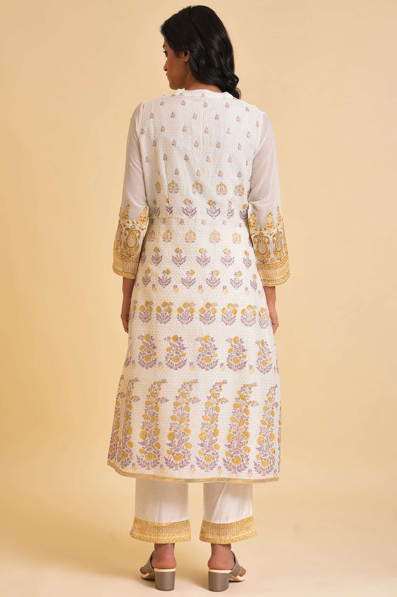 Ecru Mock Layer Printed Kurta & Straight Pants Set