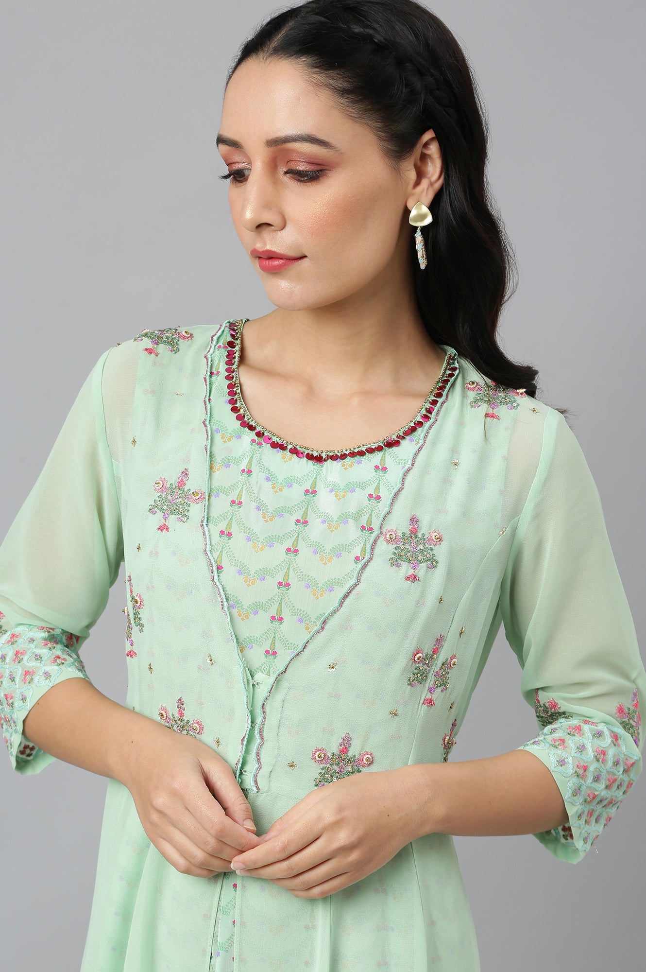 Mint Green Jacket With Kurta And Tights
